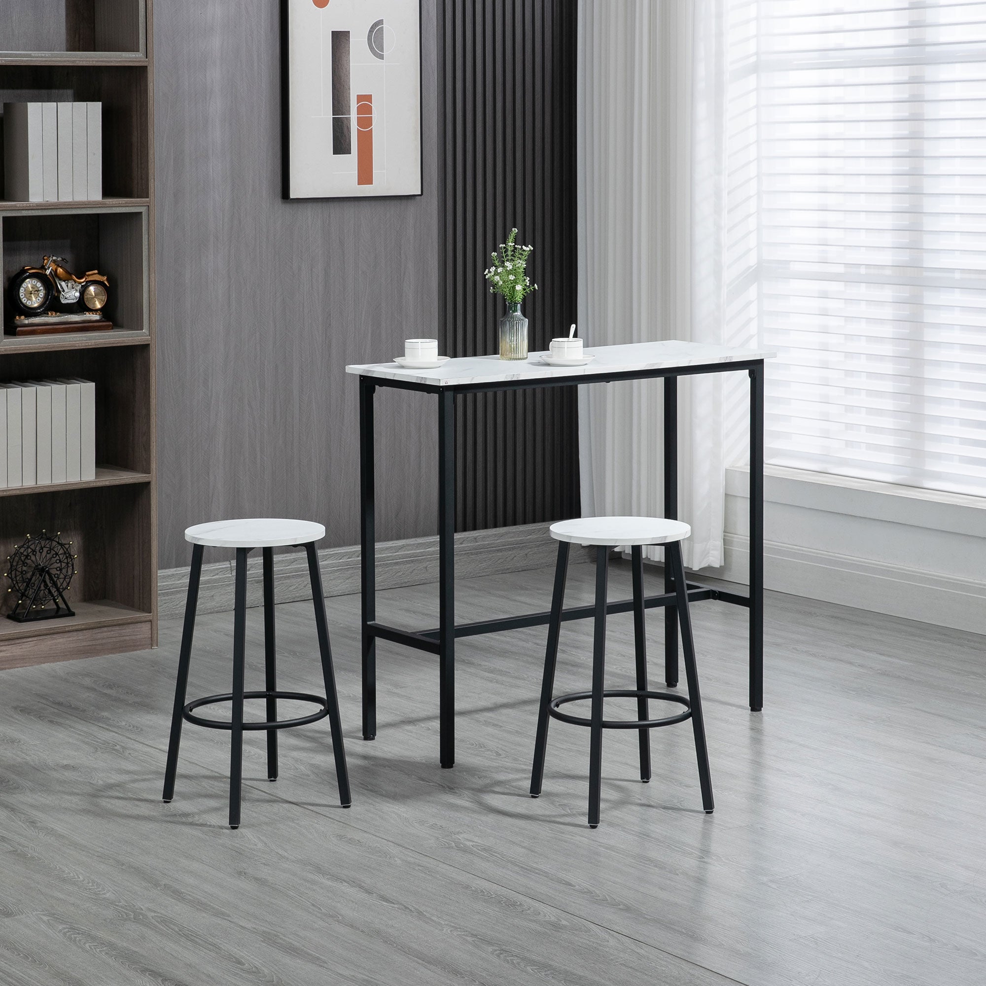Three-Piece Marble-Effect Bar Table and Stools Set - White/Black