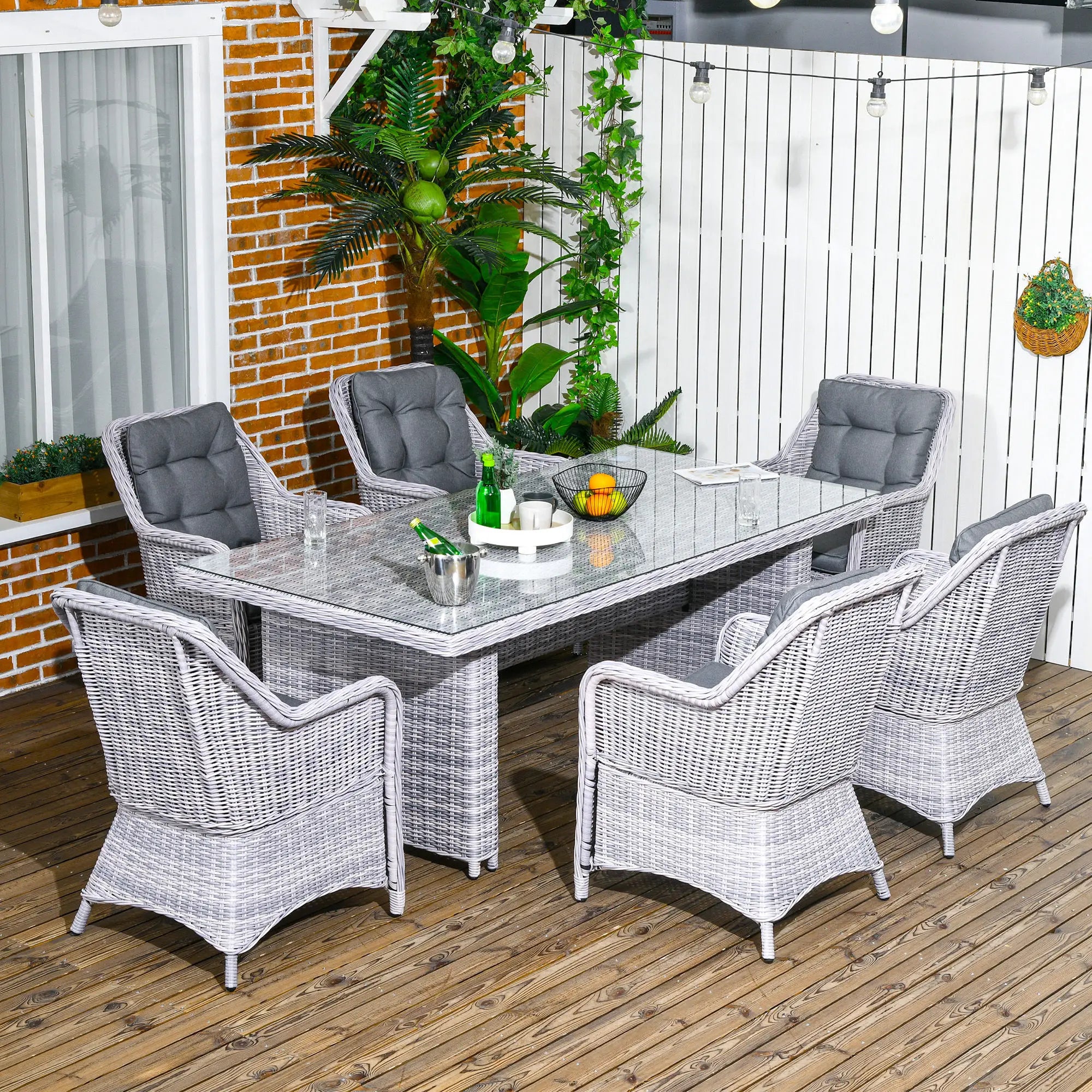 7 PCS Outdoor PE Rattan Dining Table Set with Tempered Glass Top and Aluminium Chairs - Grey