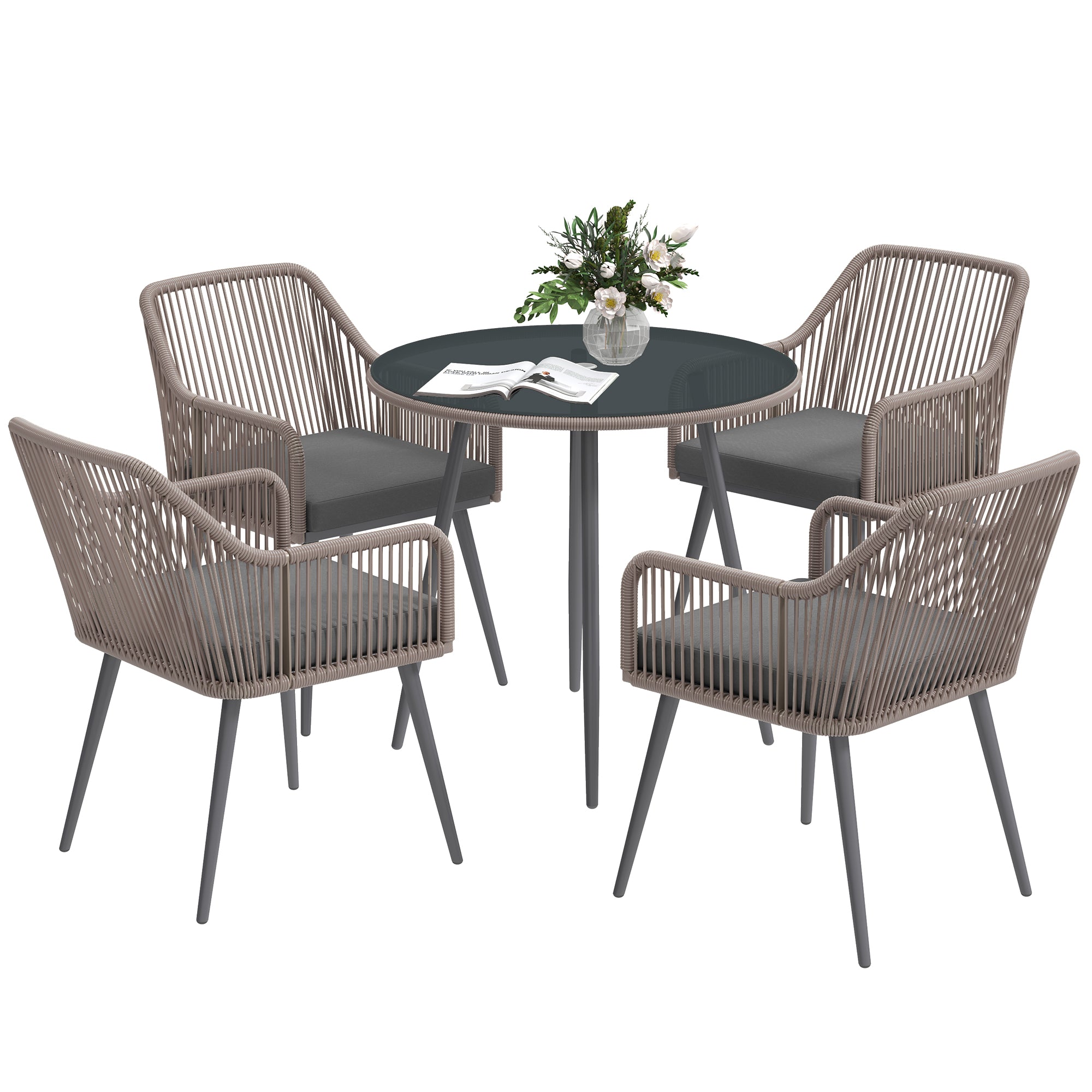 4 Seater Rattan Garden Dining Set with Cushions and Parasol Hole, Round Glass Top Table - Light Brown