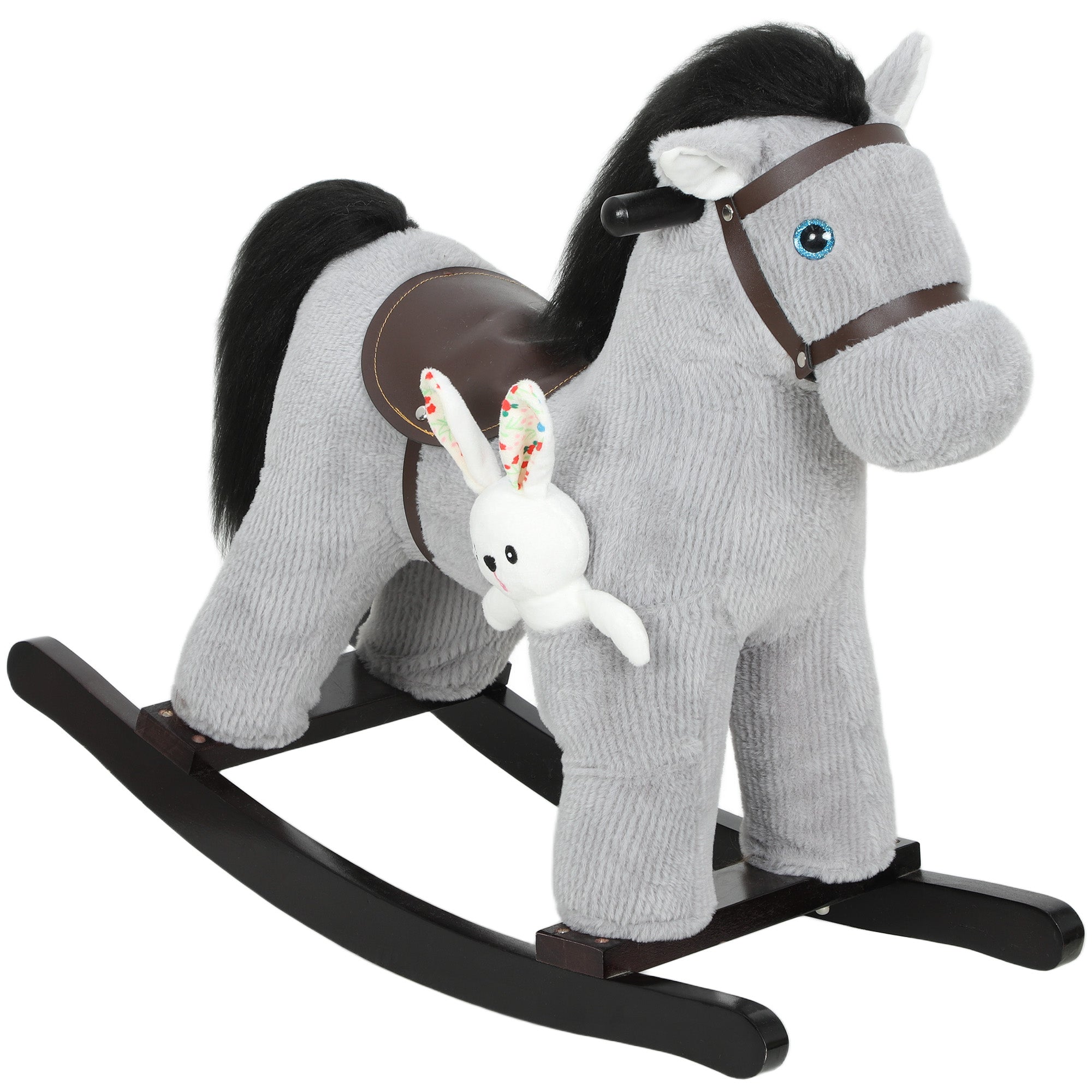 Baby Rocking Horse, Plush Ride on Toy with Handle Grip, Sound and Doll, Toddler Animal Rocker for Kids Aged 2-5, Grey