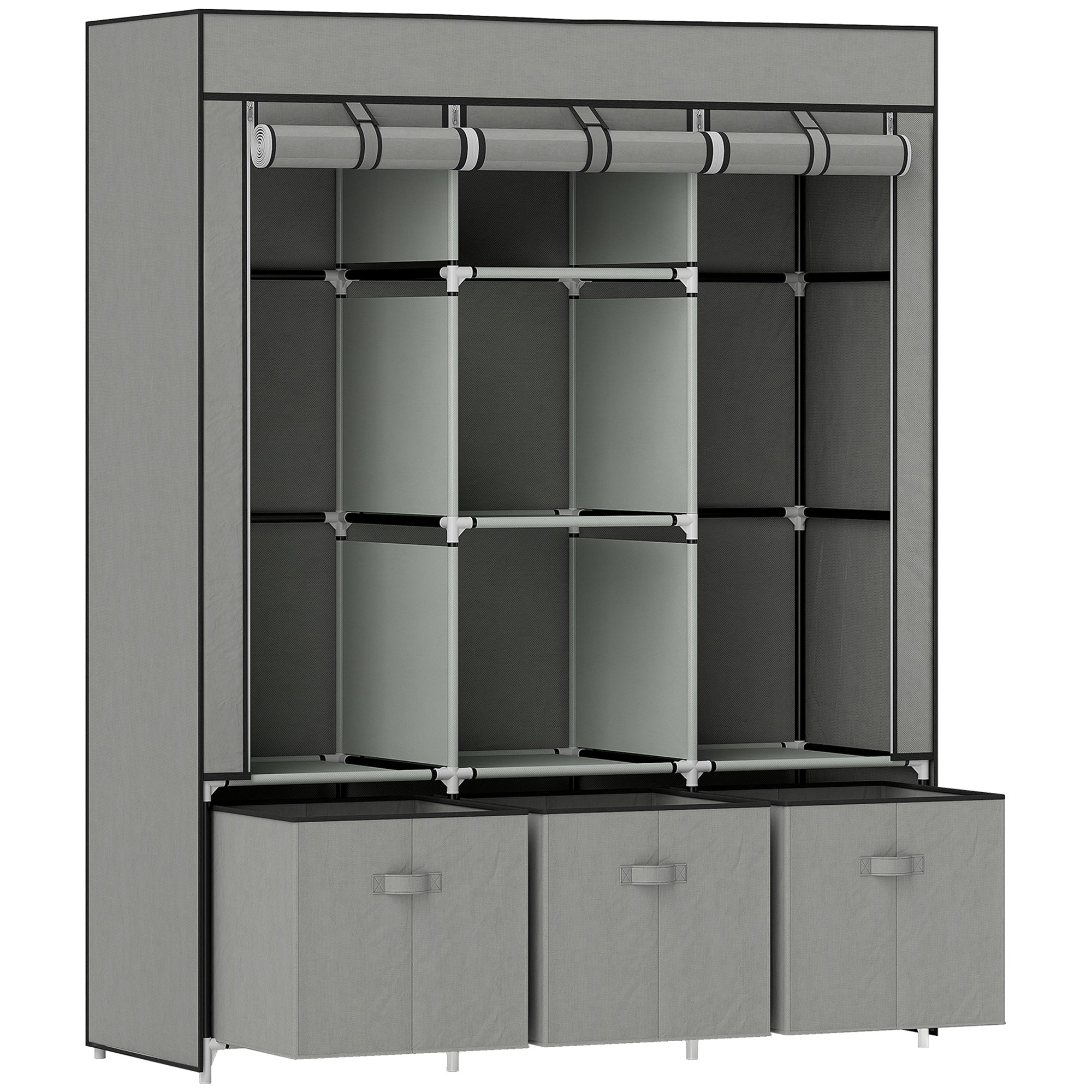 Foldable Fabric Wardrobe for Bedroom, Portable Wardrobe with 5 Shelves, 2 Hanging Rails and 3 Fabric Drawers, Light Grey