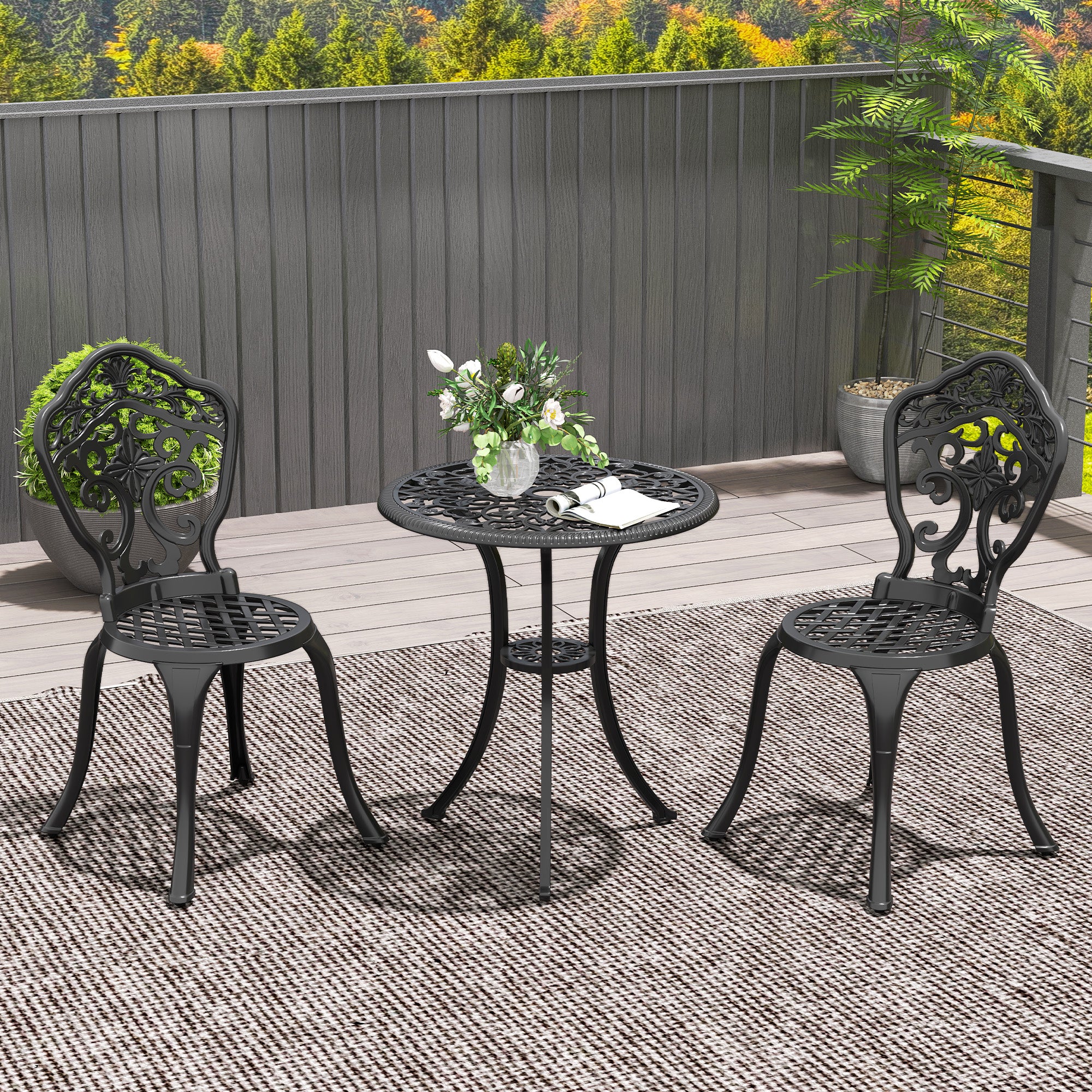 Three-Piece Aluminium Floral Bistro Set with Parasol Hole - Black