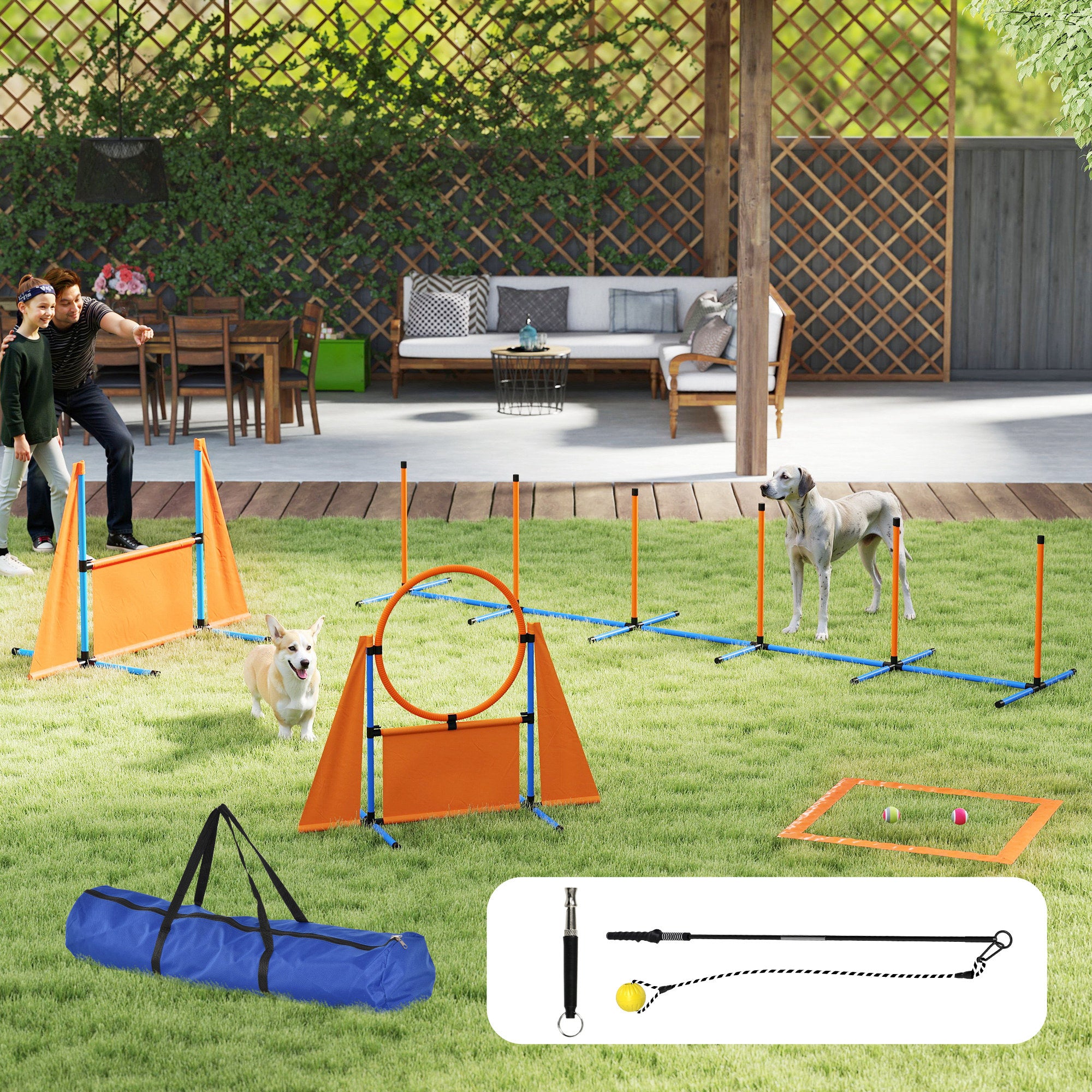 7-Piece Dog Agility Equipment Set with Weave Poles, Jump Ring and Hurdle, Pause Box and Carry Bag, Orange