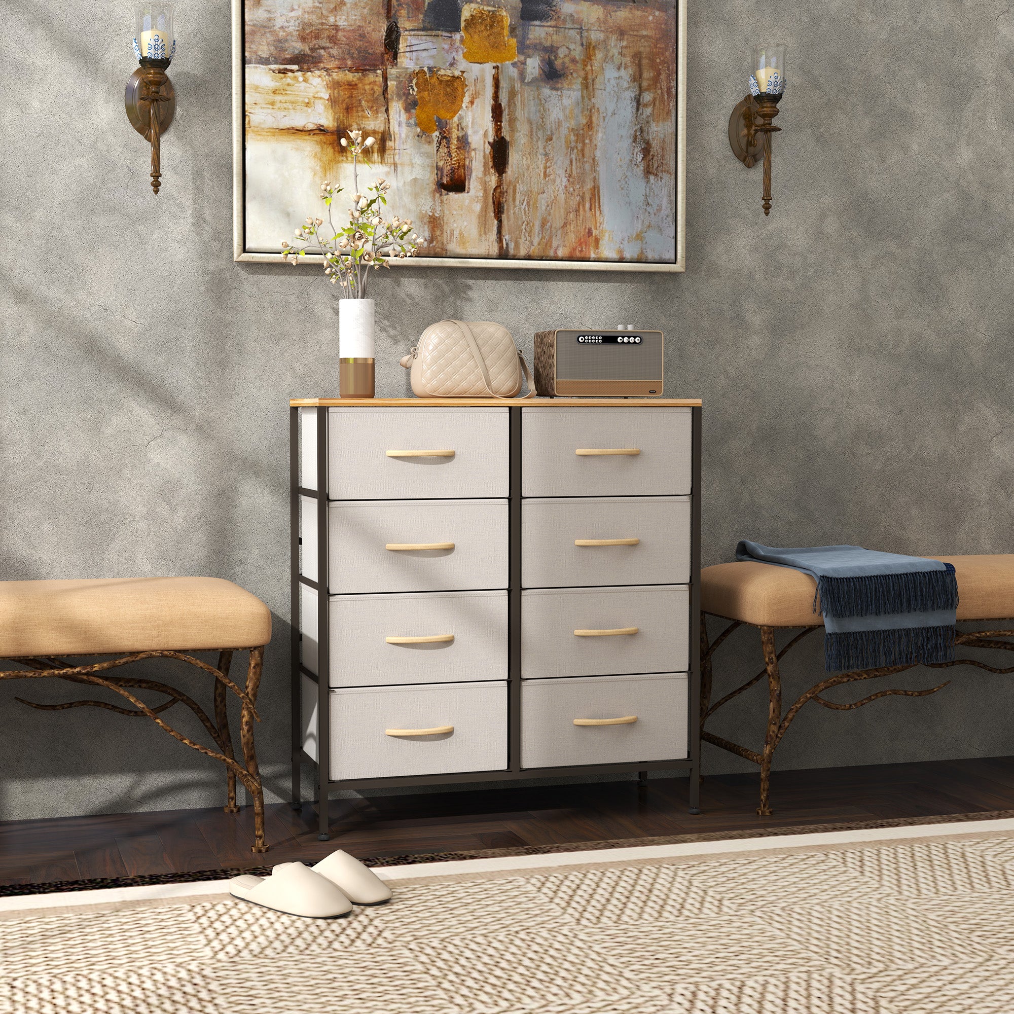Fabric Chest of Drawers with 8 Storage Drawers, Steel Frame and Wood-Effect Top - Cream White