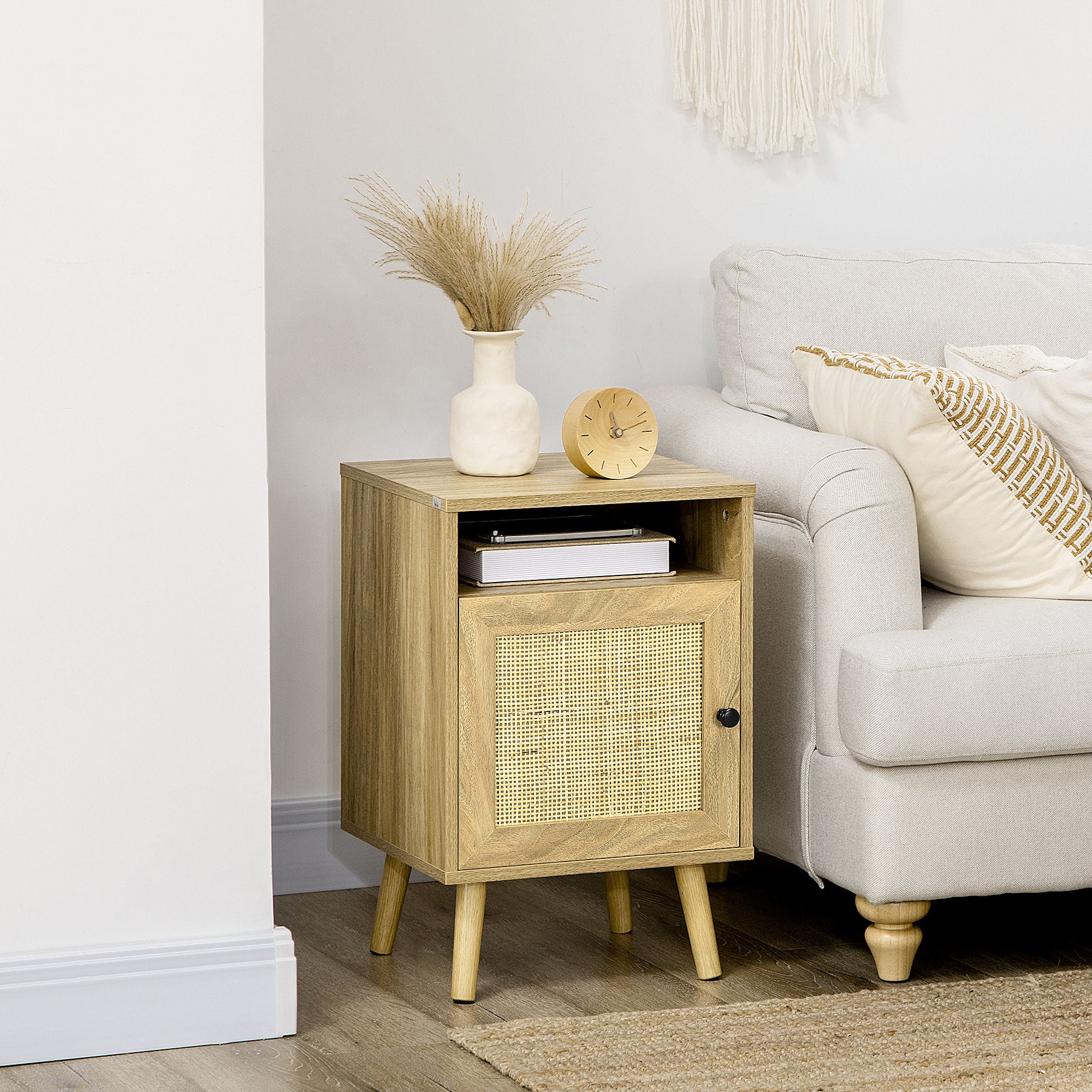 Bedside Table with Rattan Panel, Shelf & Cupboard 39x35x60cm - Natural