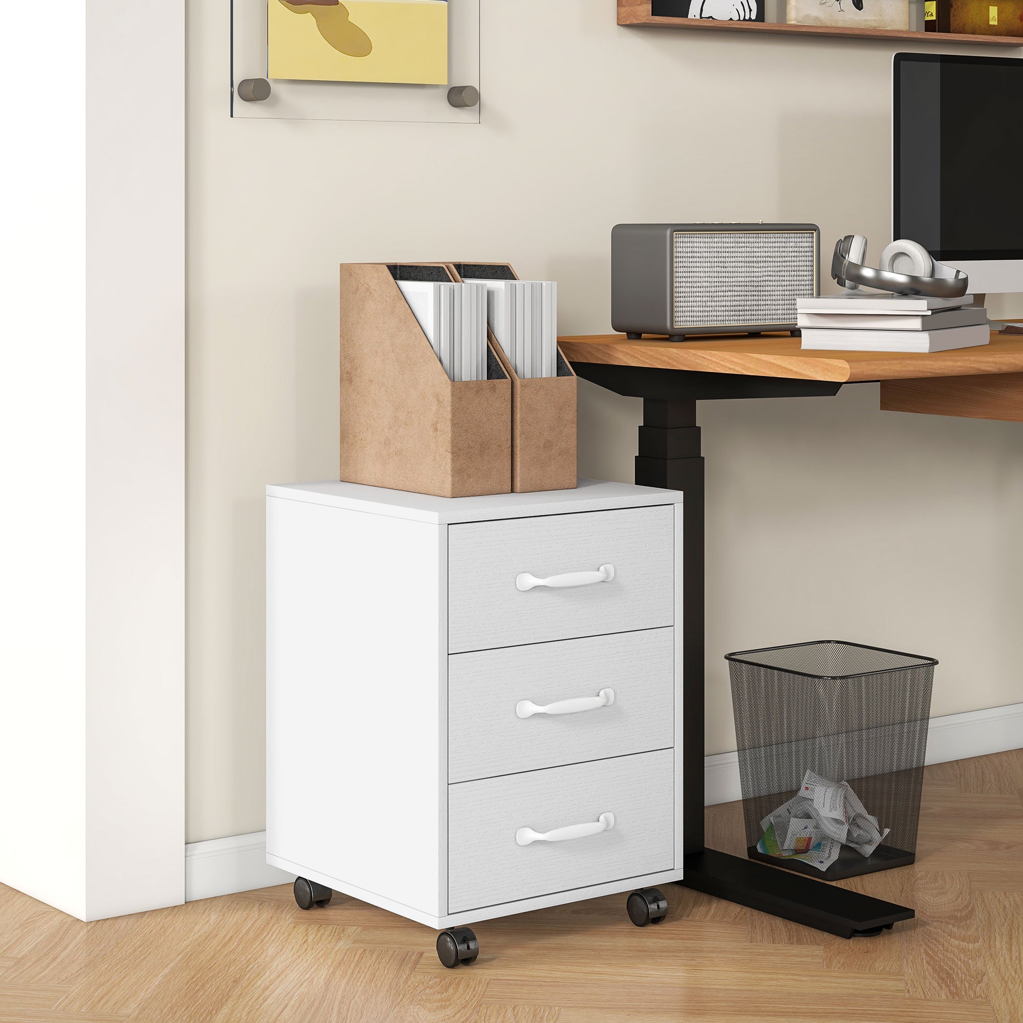 3 Drawer File Cabinet, Mobile Filing Cabinet on Wheels for Home Office, Study, White