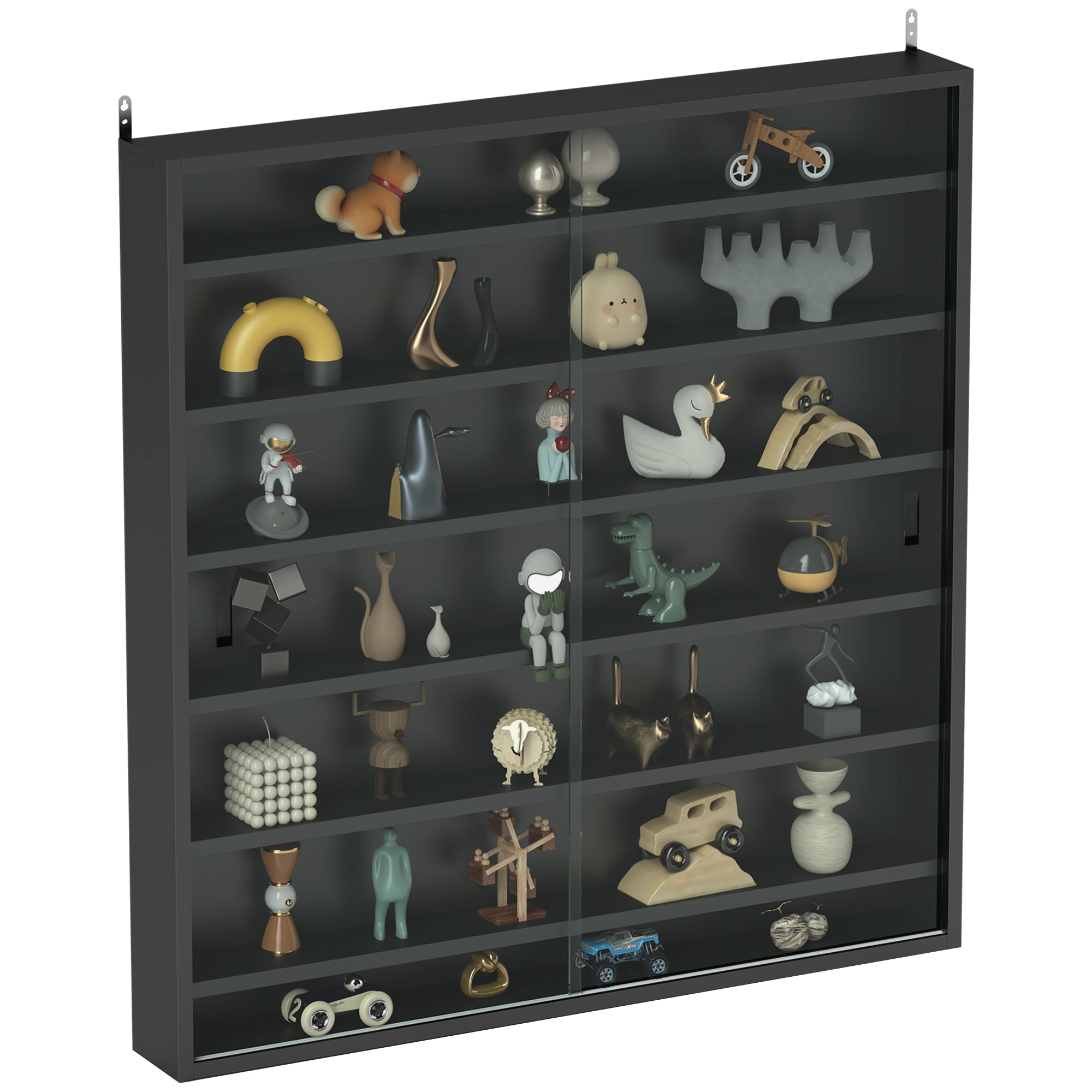 Six Shelf Wall-Mounted Display Cabinet with Glass Doors - Black
