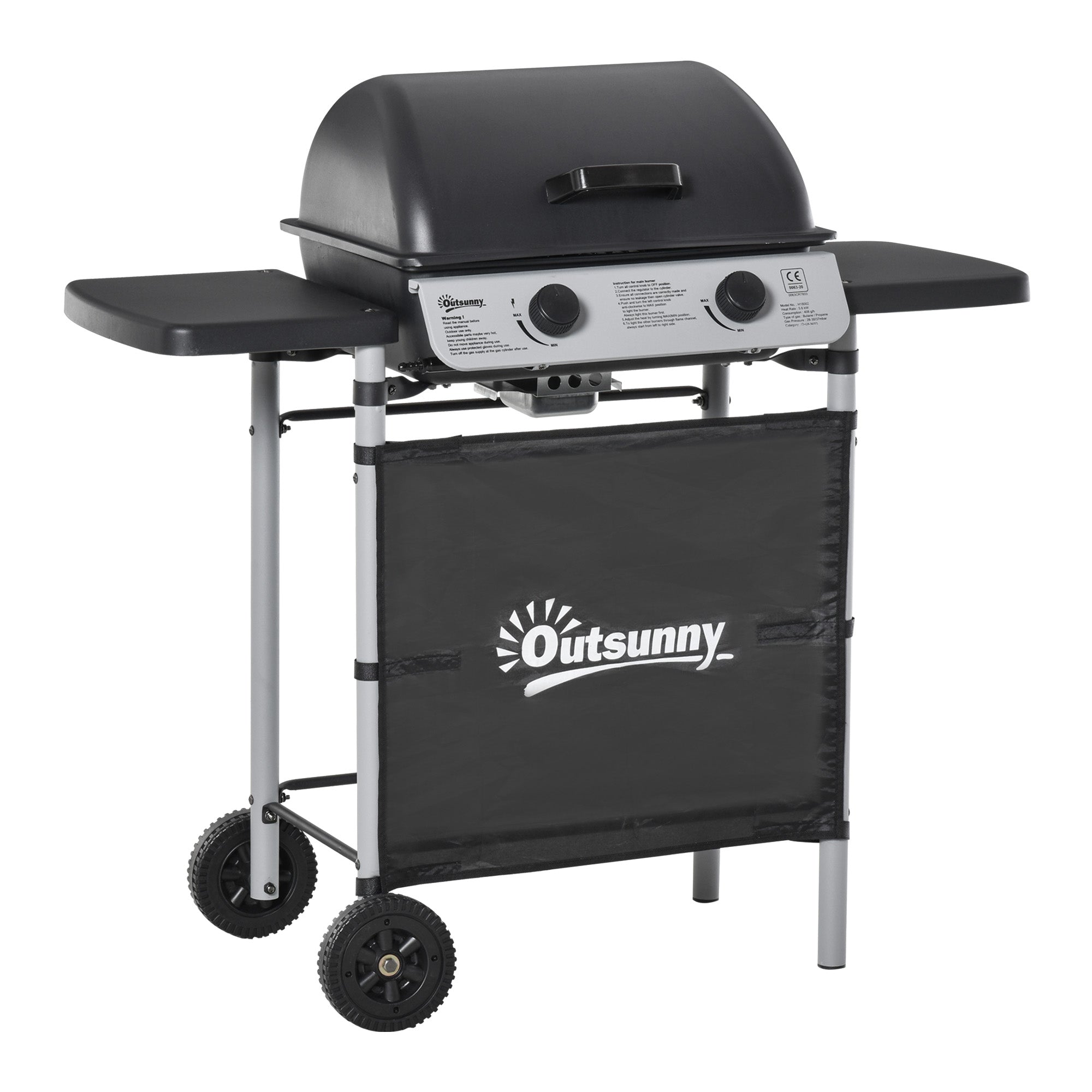 2 Burner Gas BBQ Trolley with Lid, 5.6 kW Grill, Wheels & Side Shelves - Grey