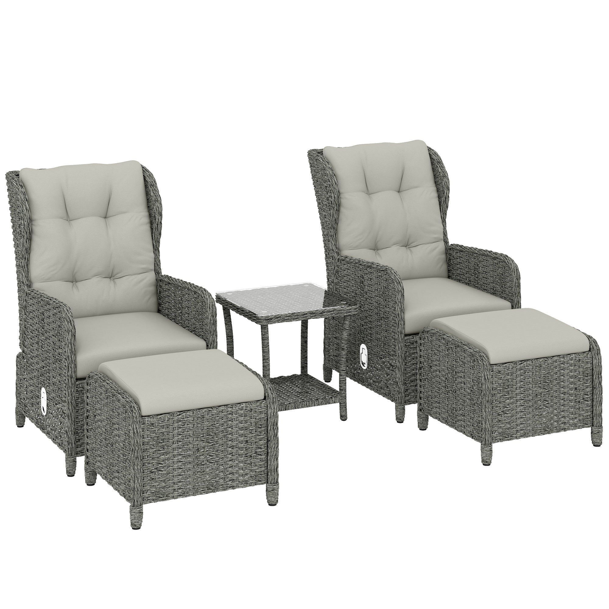 Rattan Reclining Garden Chair Set of 2 with Footstool and Cushion for Balcony, Cream