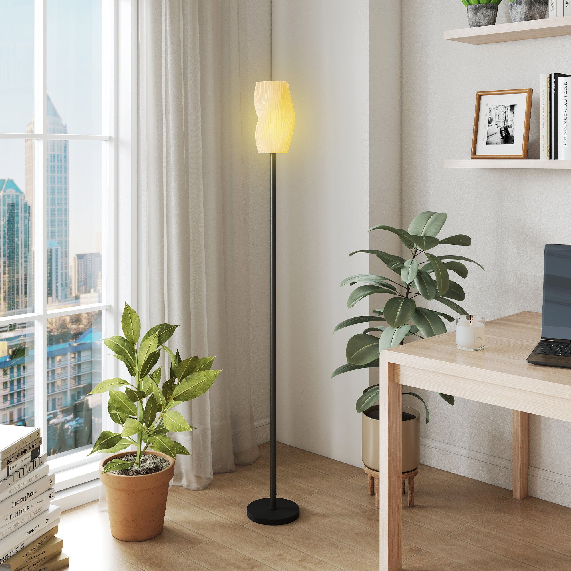 Floor Lamp for Living Room, 3D Printed Modern Standing Lamp with Flowing Curved Shade, 3 Colour Temperature & Foot Switch, Minimalist Tall Pole Lampshade for Bedroom, Office, White