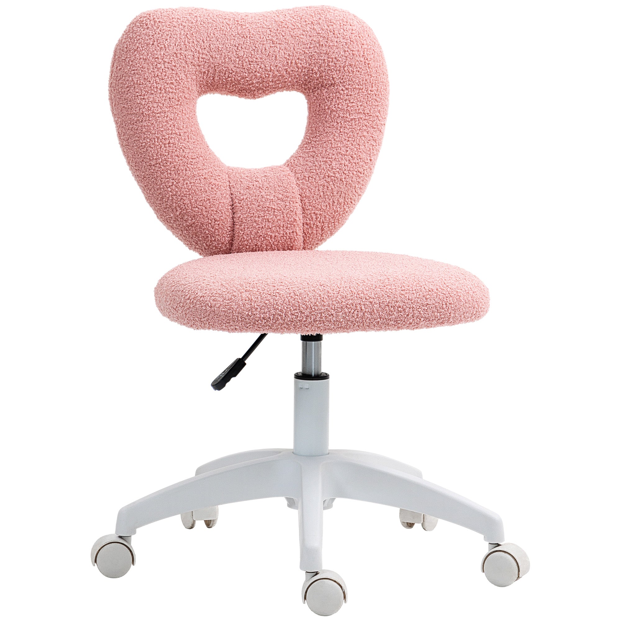 Armless Heart Computer Desk Chair, Teddy Fleece Swivel Office Chair, Makeup Vanity Chair with Height Adjustable, Wheels, for Home Study Bedroom, Pink