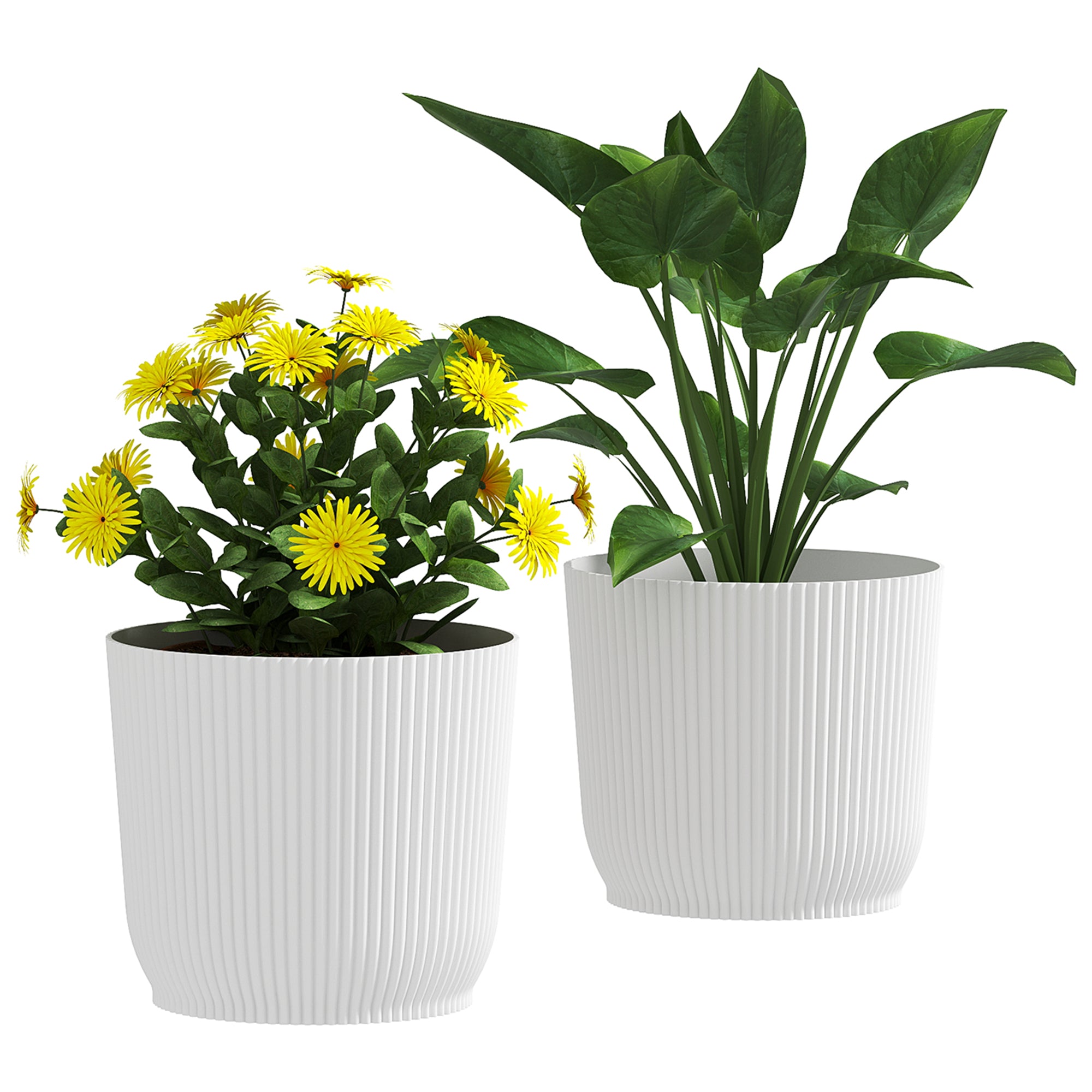 Set of 2 Durable Plastic Planters with Textured Design - White
