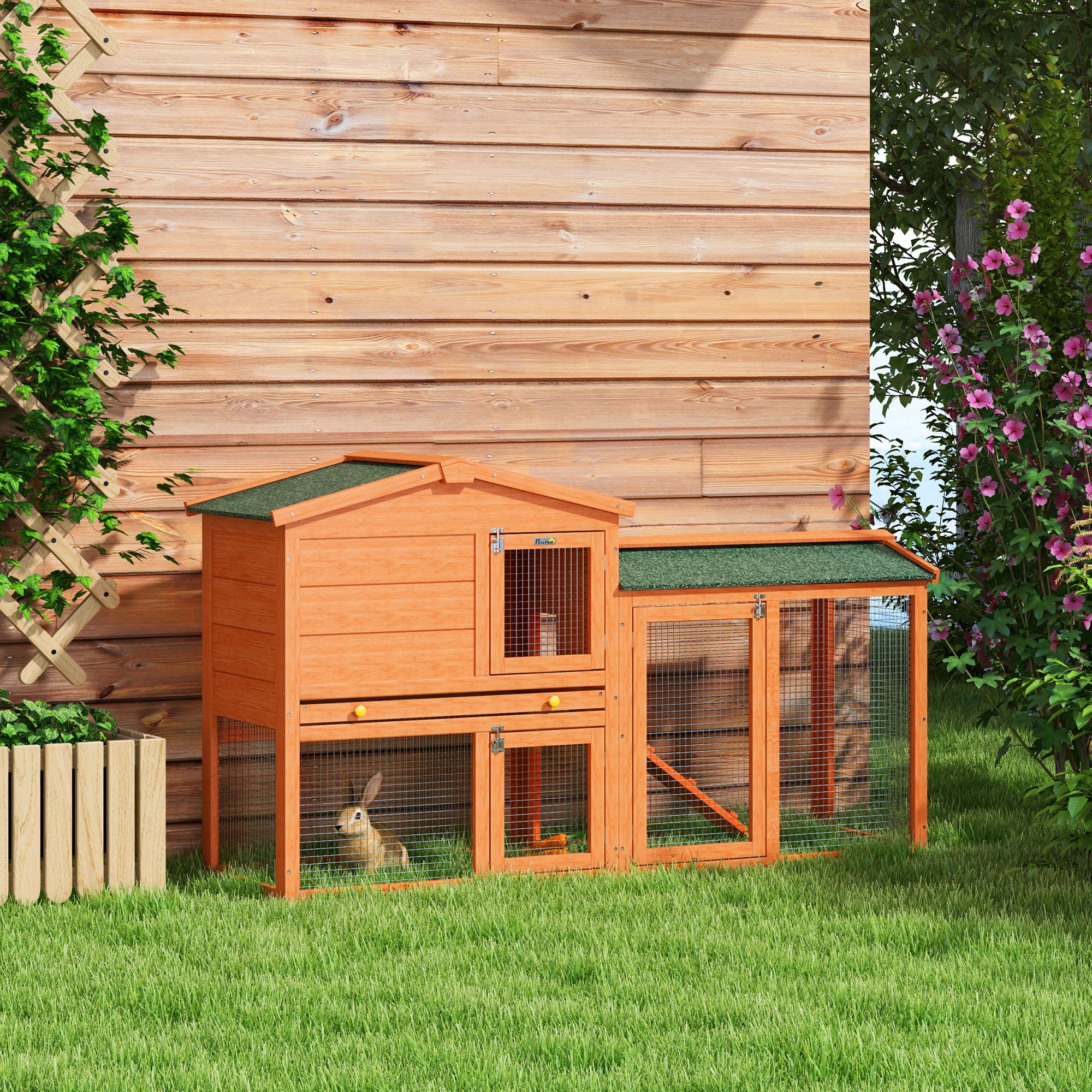 Two-Tier Rabbit Hutch with Run, Ramp, Slide-Out Tray, for Garden - Orange