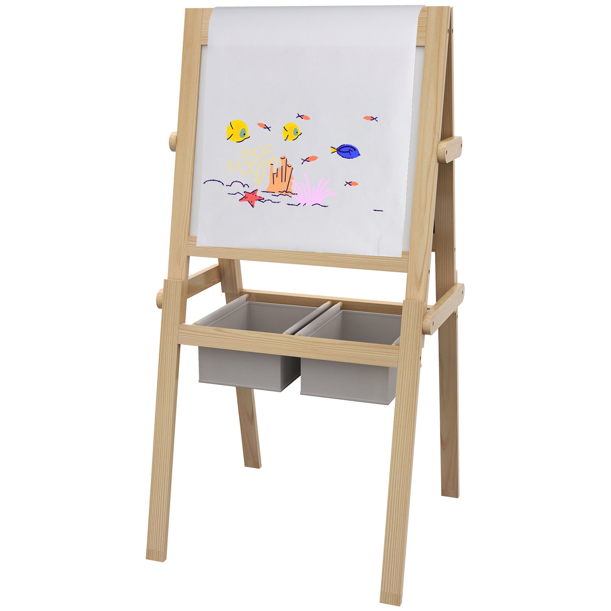 3 in 1 Kids Art Easel with Paper Roll and Storage Baskets - Natural Wood