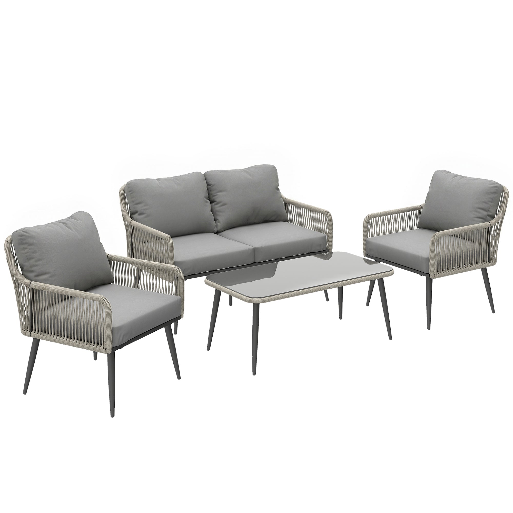 Rattan Garden Furniture Set, 4 Piece Outdoor Patio Furniture with Tempered Glass Table and Chairs, Indoor Balcony Conservatory Set