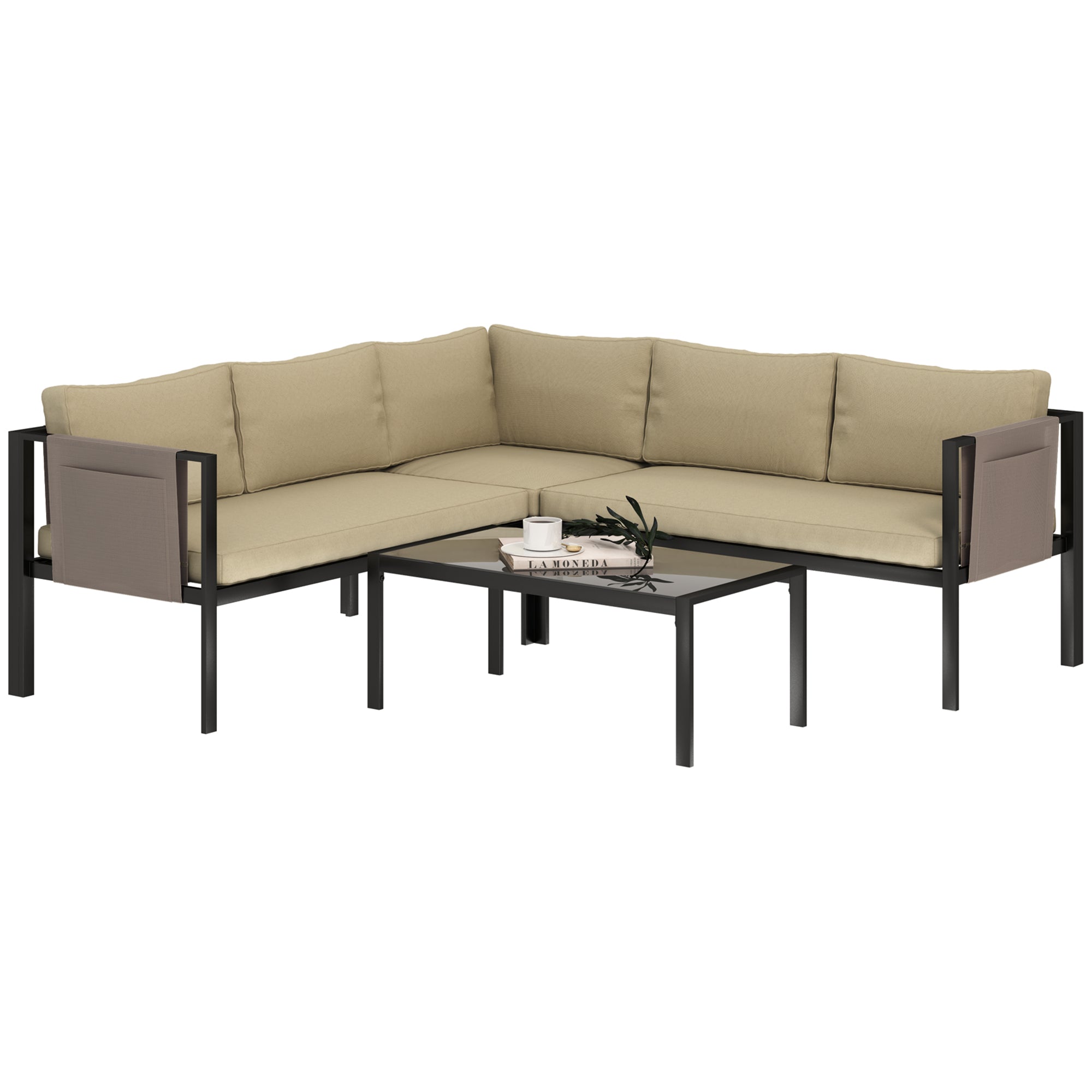 4 Piece 5 Seater Metal Garden Sofa Set with Cushions - Khaki