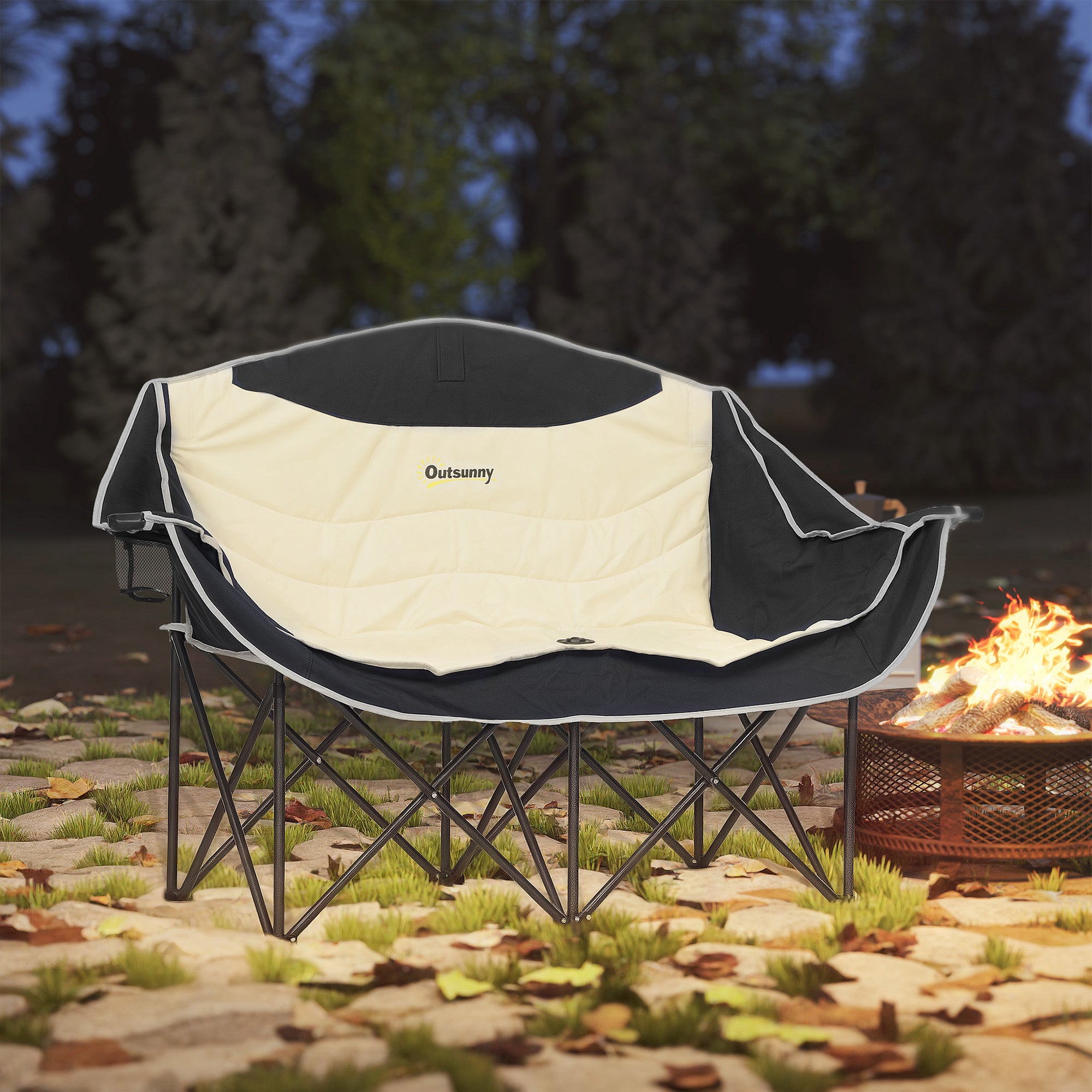 Oversized Double Camping Chair with Cup and Wine Holders, Carry Bag - Khaki