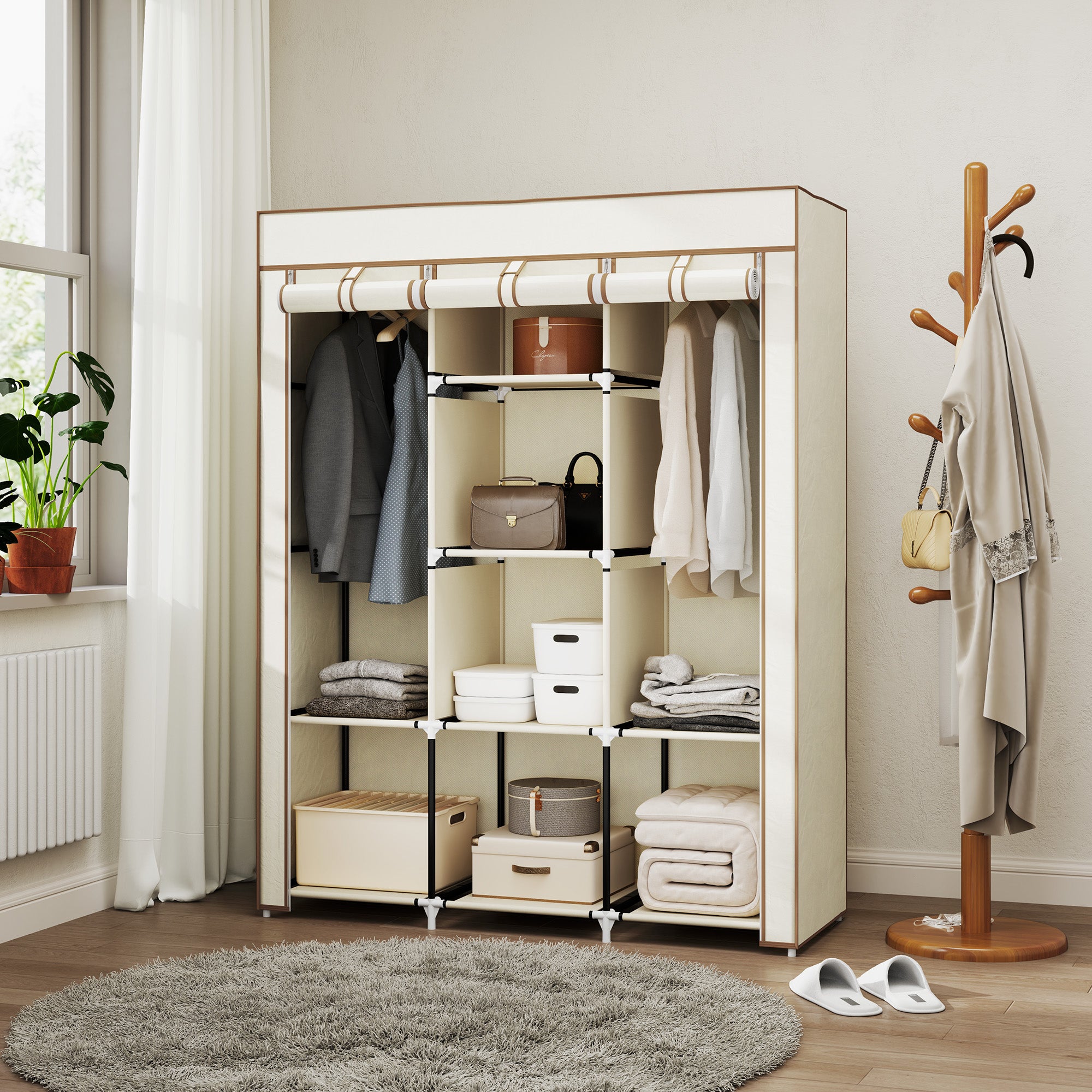 Fabric Wardrobe with Rails and Shelves for Easy Organization - Cream White