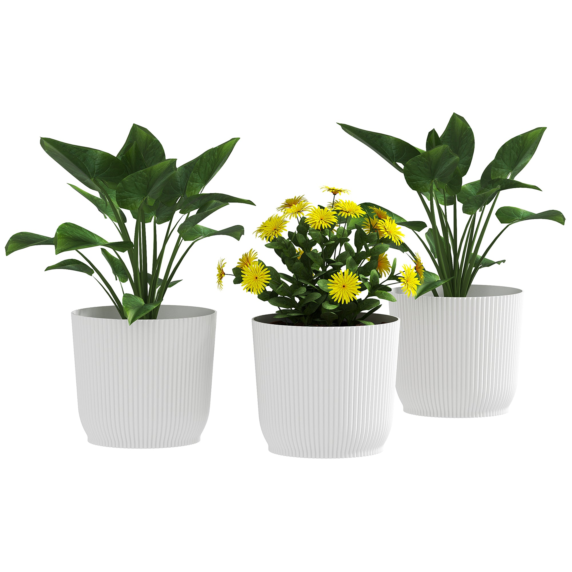 Set of 3 Durable Plastic Plant Pots with Textured Design - White