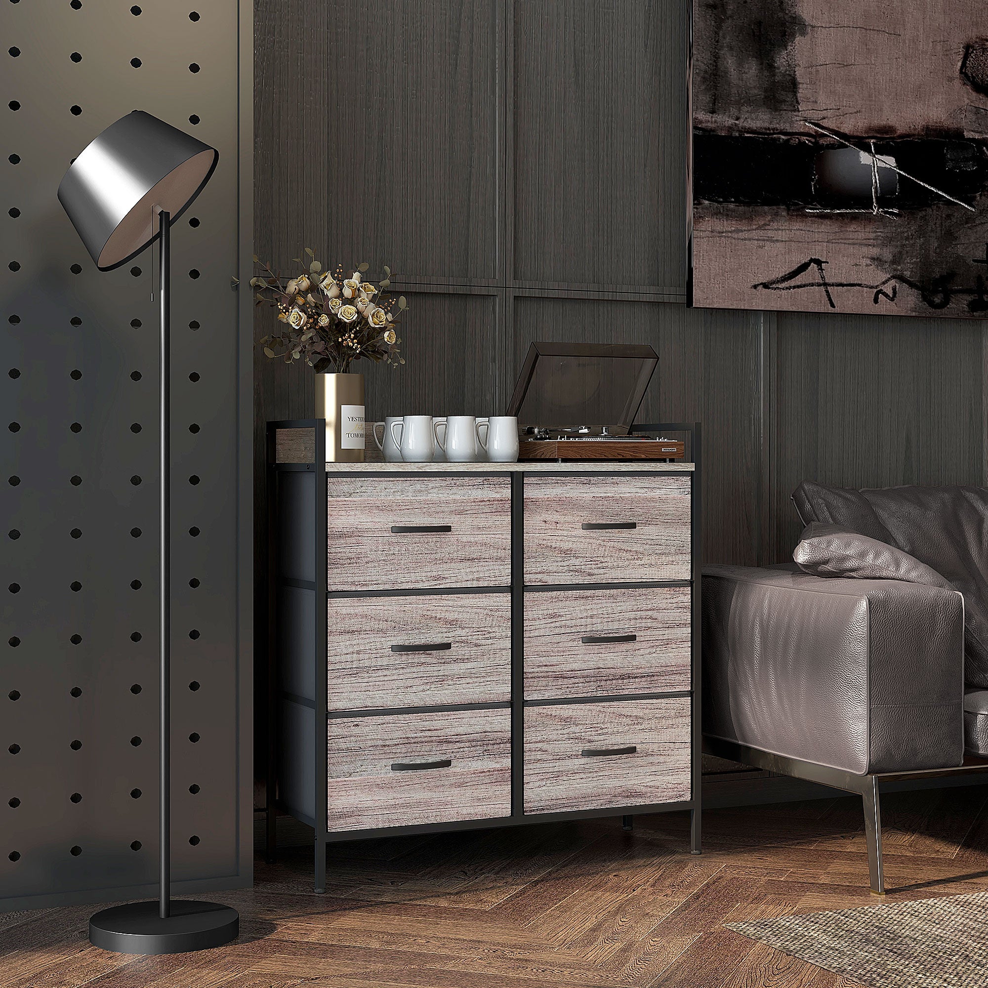 Rustic Chest of Six Fabric Drawers with Steel Frame - Grey Wood Effect