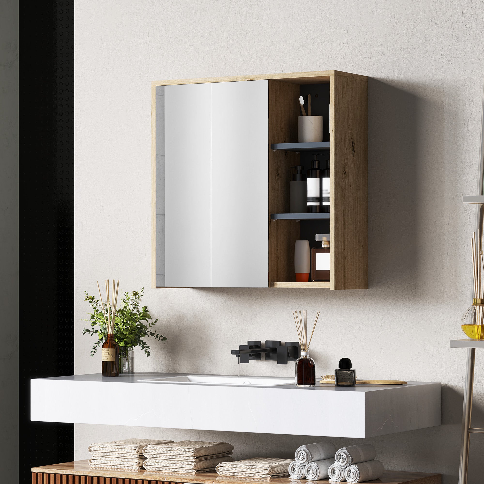 Five-Shelf Mirrored Bathroom Cabinet Wall-Mounted with Wood-Effect Finish