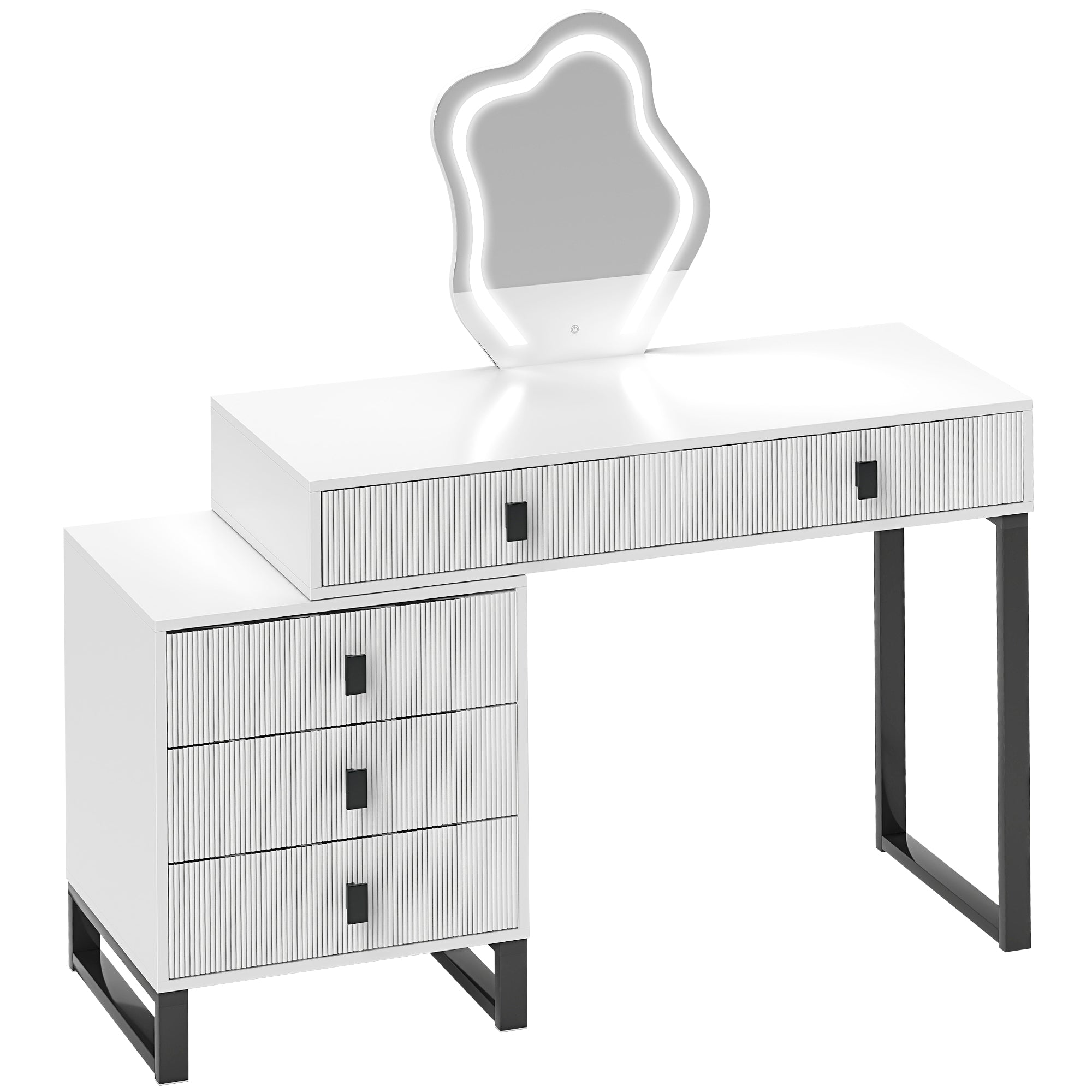 Dressing Table, Vanity Desk with Leaf Shape Mirror, Makeup Table with 5 Drawers, 3-Colour LED Lights, 100x40cm Tabletop, White