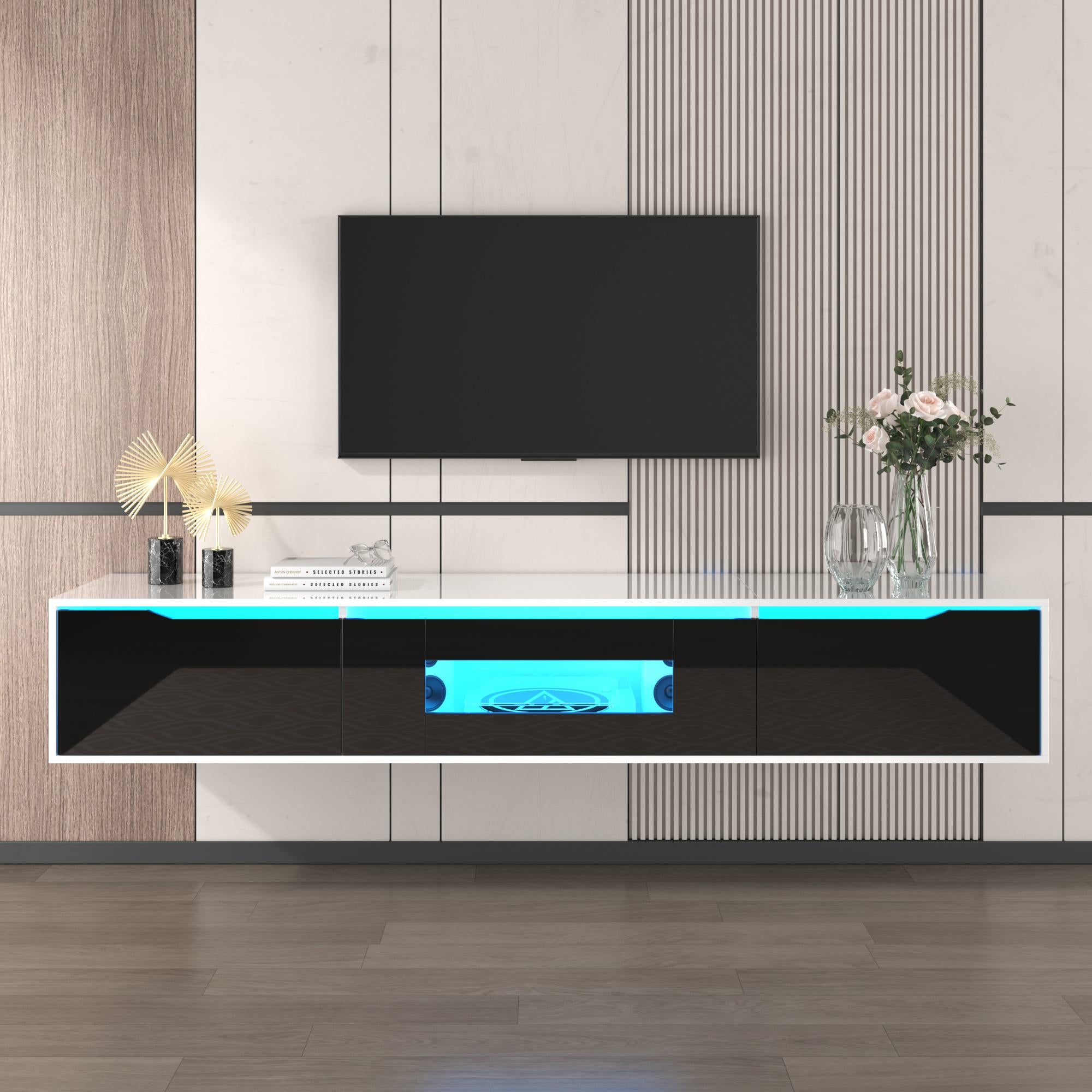 High-Gloss TV Cabinet with LED Lights, Modern Design, Versatile Mounting Options, 180L x 35W x 30H cm, Black
