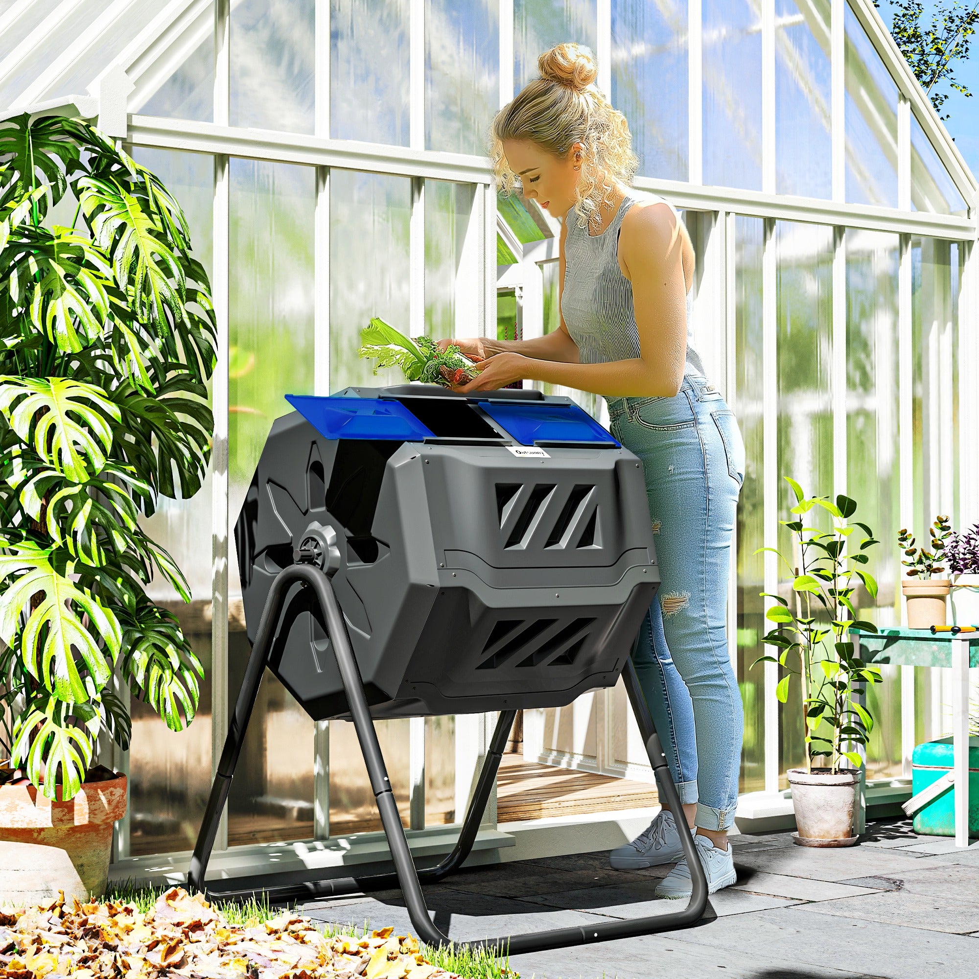 160L Dual Chamber Compost Bin with 360 Degree Rotation - Blue