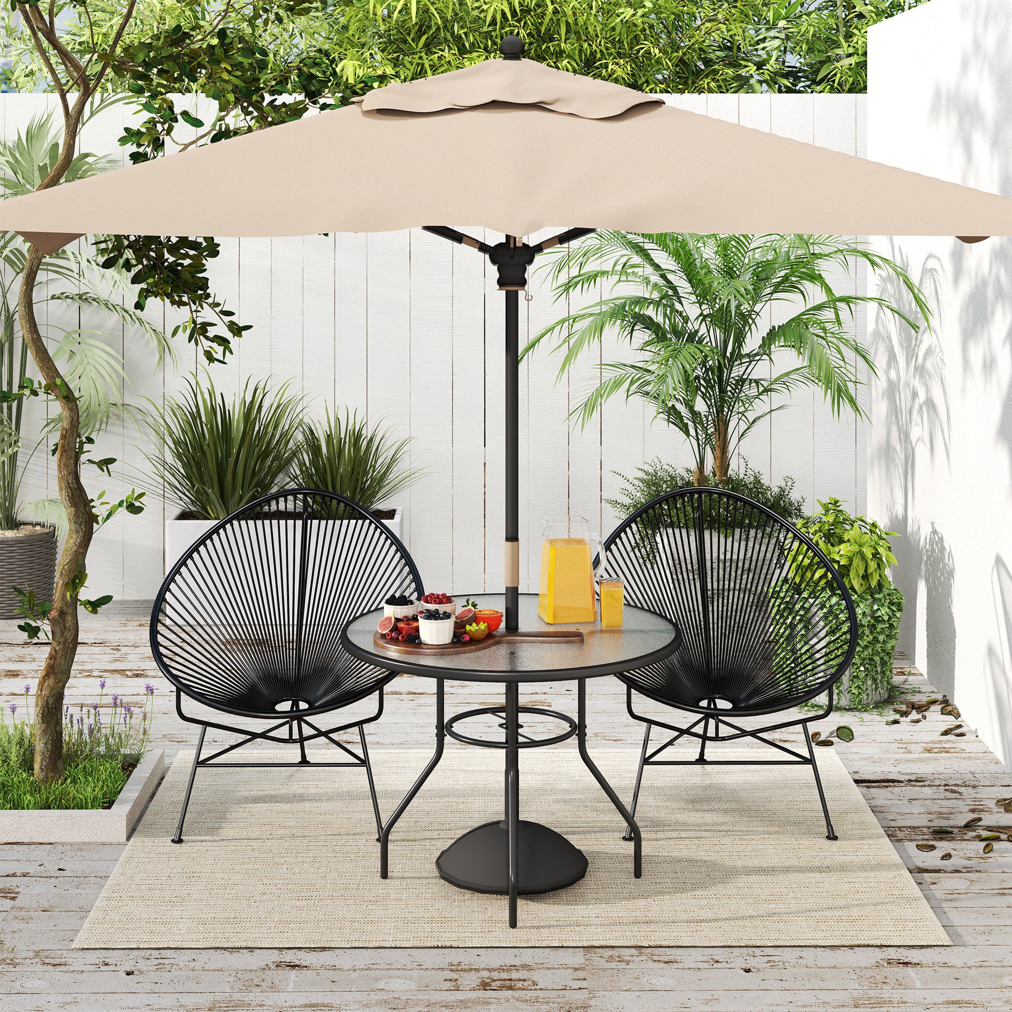 Glass Top Garden Table with Parasol Hole 100cm Diameter - Black