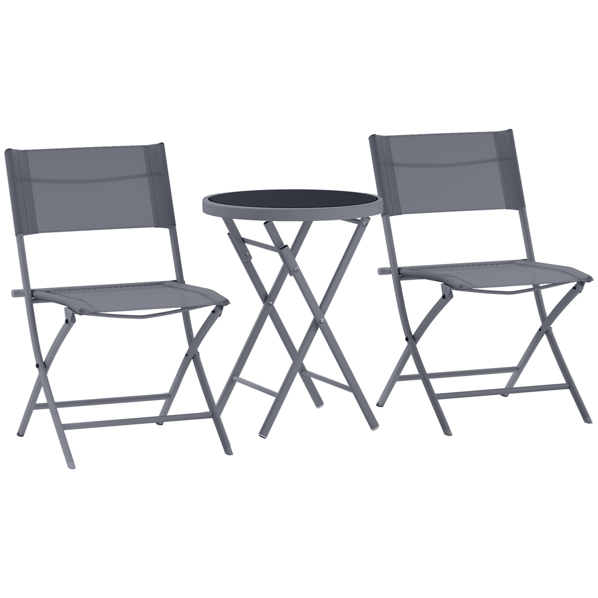 3-Piece Outdoor Bistro Set with Glass Top Table and Folding Chairs - Grey