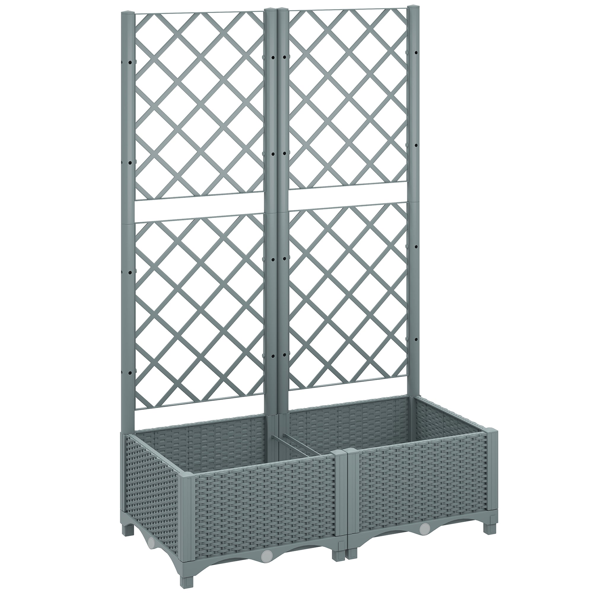 Raised Garden Bed with Trellis, Plastic Planter Box with Drainage Holes, Drain Plugs and Water Reservoirs for Climbing Plants, Vegetables, Flowers, Grey