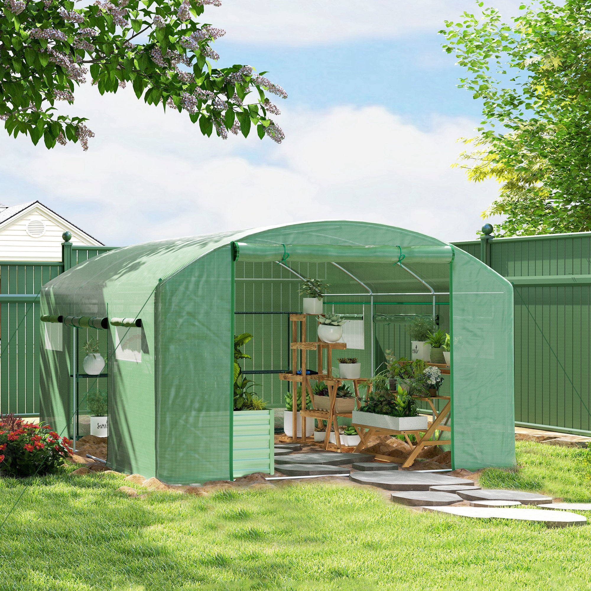 13 x 9.8ft Walk-In Polytunnel Greenhouse with Mesh Windows - Green