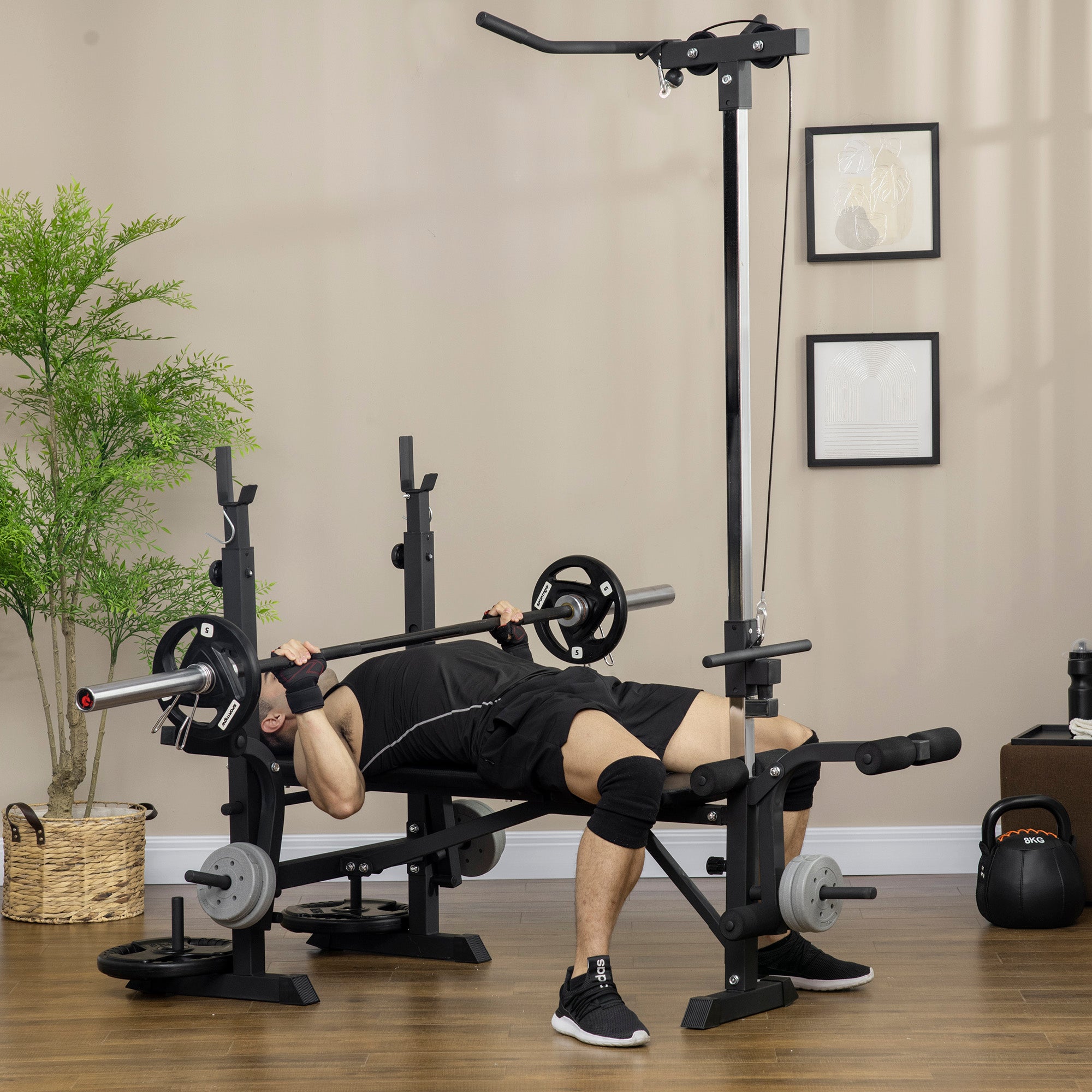 Adjustable Weight Bench with Pulley System, Incline Bench Press Set with Squat Rack, Leg Developer, Butterfly and Weight Storage, for Home Gym Full Body Workout