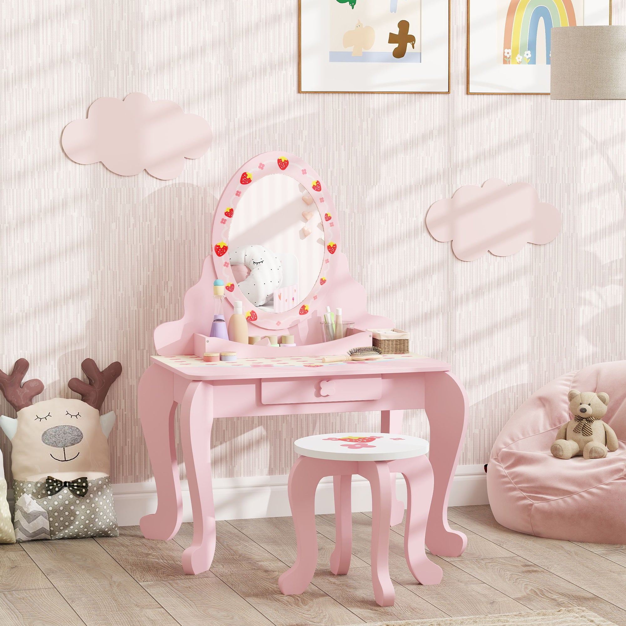 3 Piece Kids Dressing Table Set with Stool and Mirror Pink Strawberry Theme