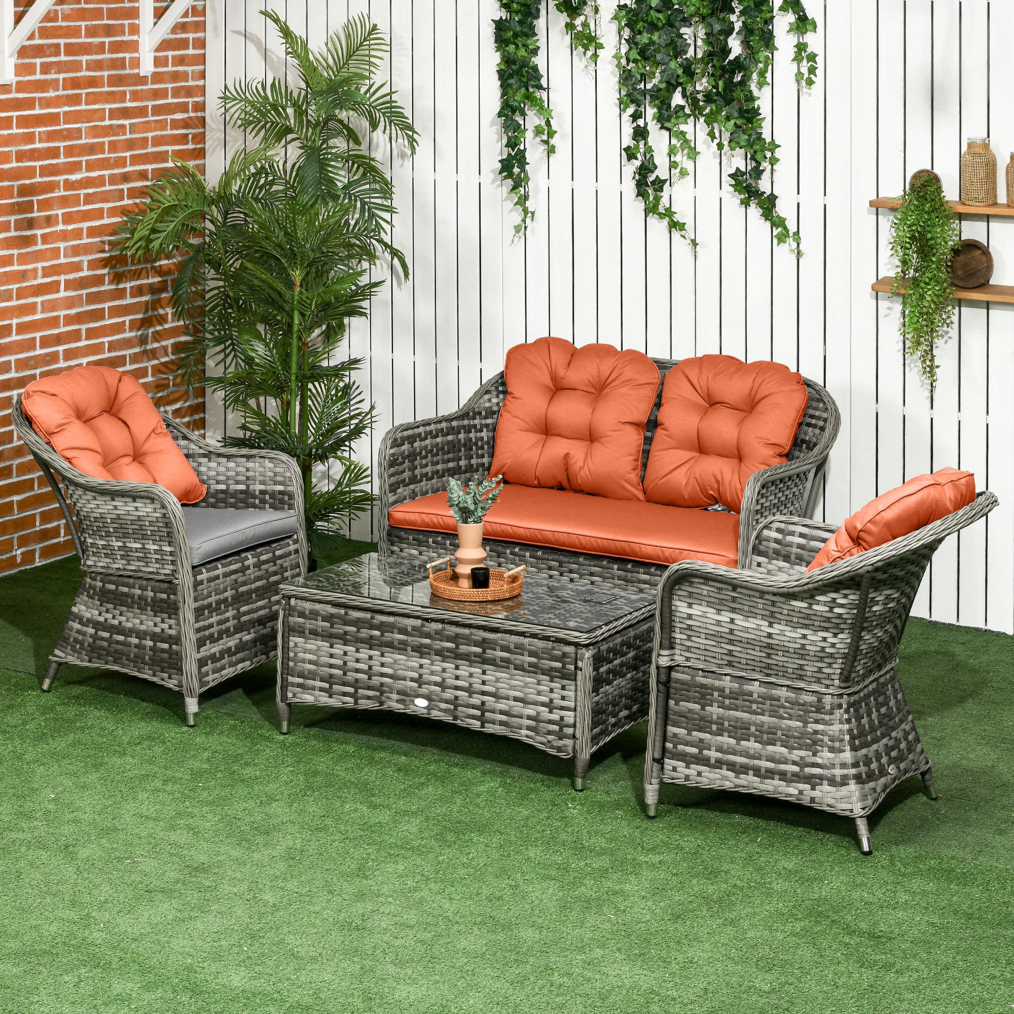 4 Piece Rattan Sofa Set with Glass Top Table - Orange