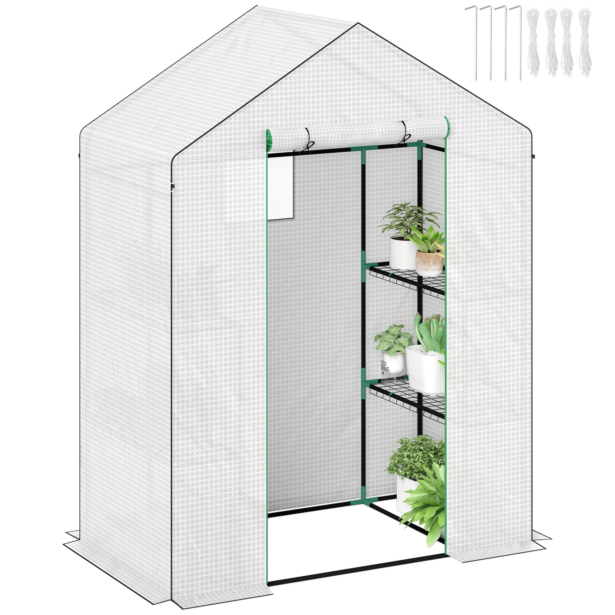 1.43 Metre Walk-In Greenhouse with Shelves and UV-Resistant Cover - White