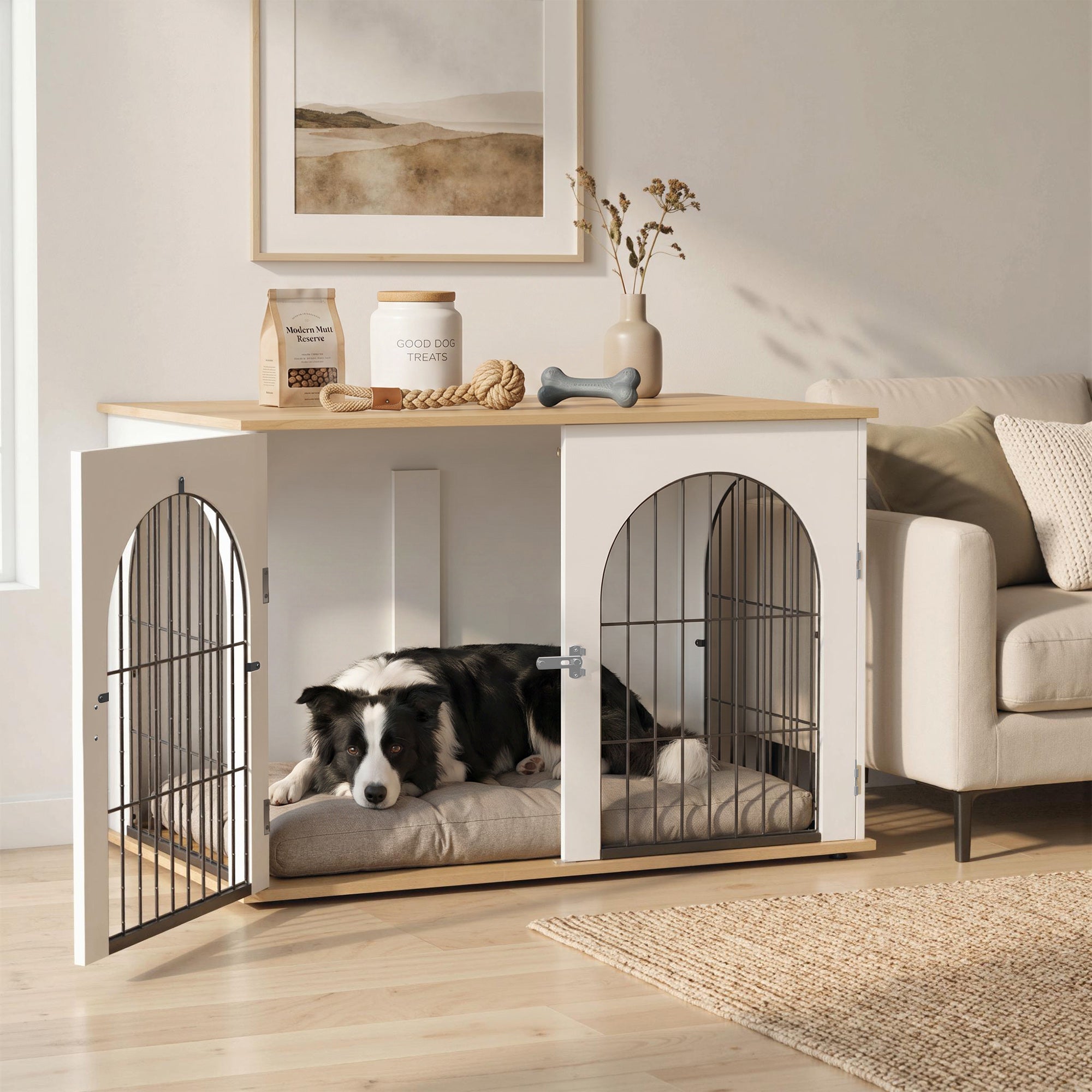 Dog Crate Furniture, Indoor Dog Cage with Double Doors for Large Breeds, Pet Kennel End Side Table