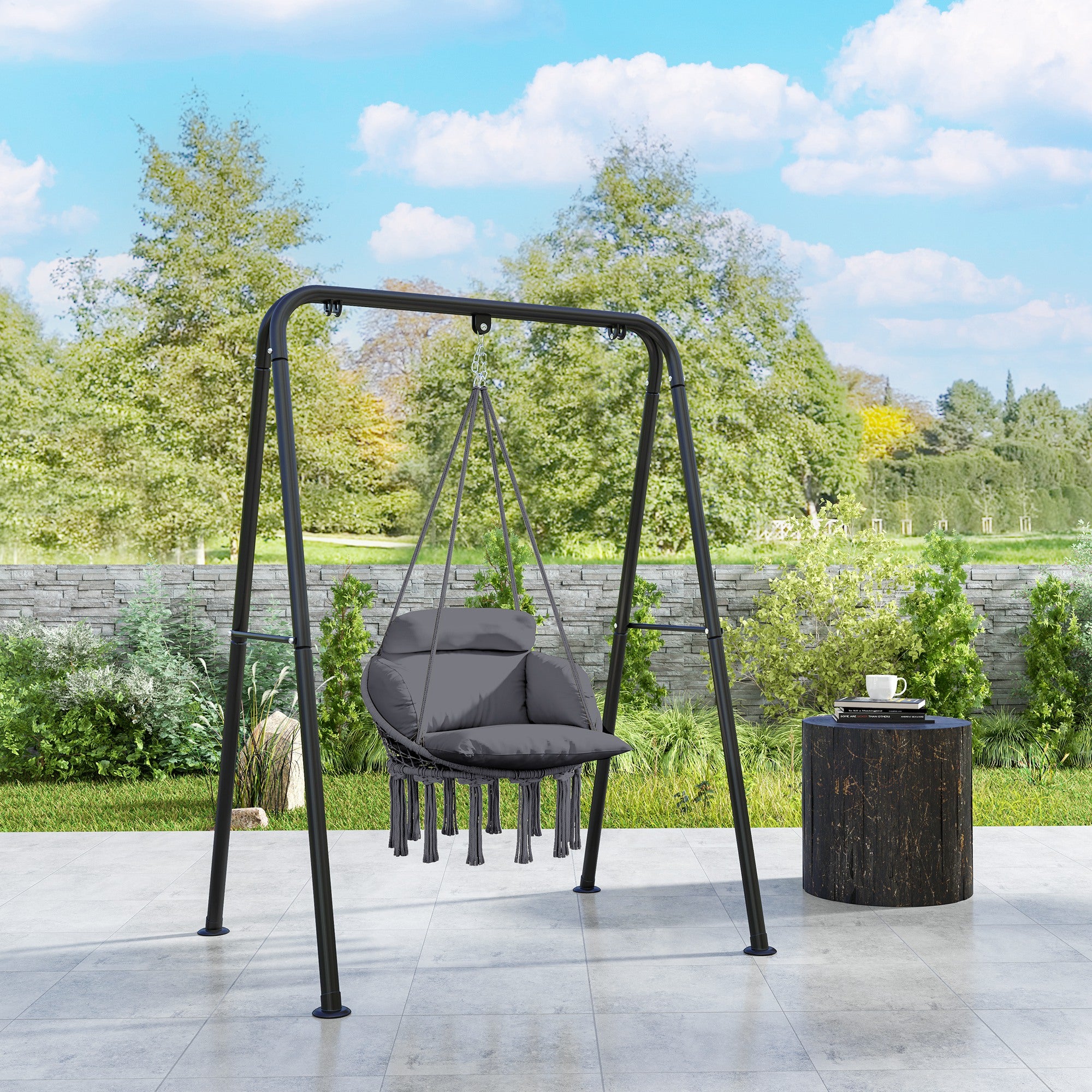 Hanging Hammock Chair with Soft Cushion Set and Steel Frame - Dark Grey