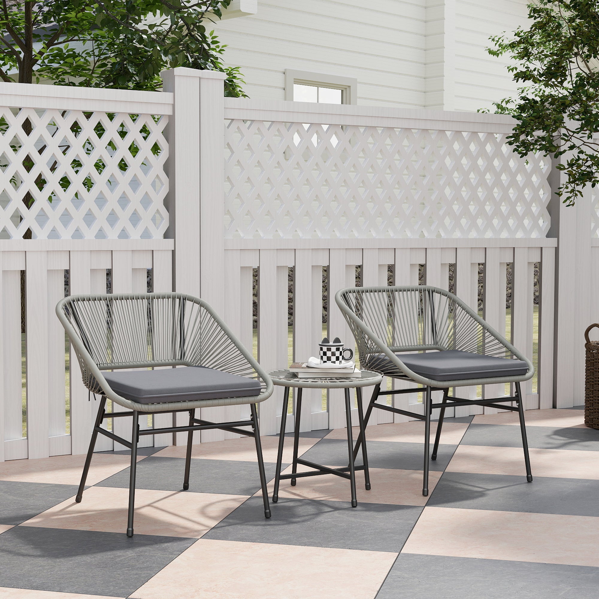 3 Piece Light Grey Rattan Bistro Set with Cushions and Glass Table