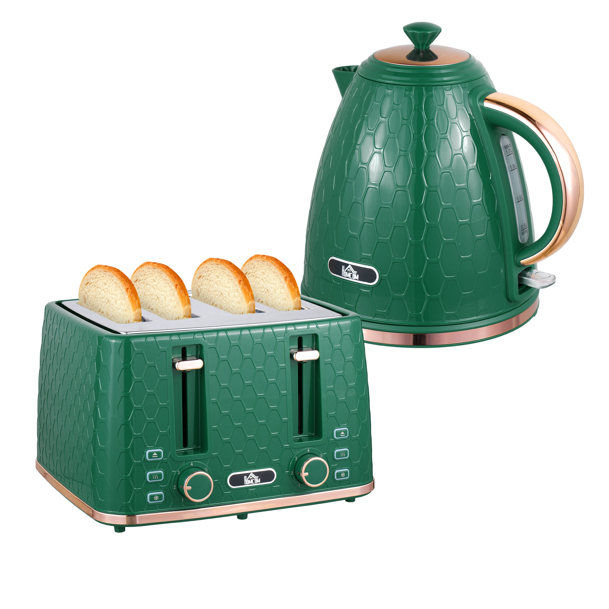 2 Piece Kettle and Toaster Set with 1.7L Jug and 7 Browning Levels Green