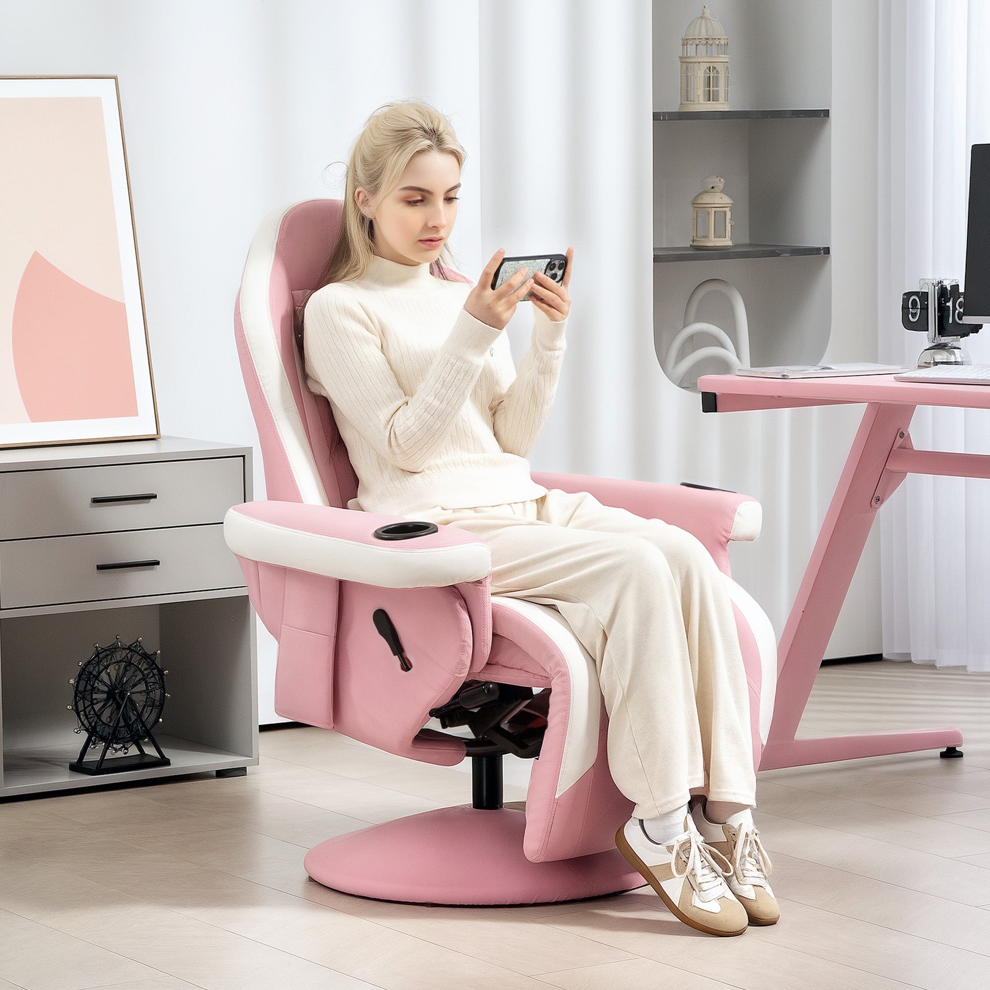 Manual Recliner Armchair with Adjustable Leg Rest, 135° Recline & 360° Swivel - Pink