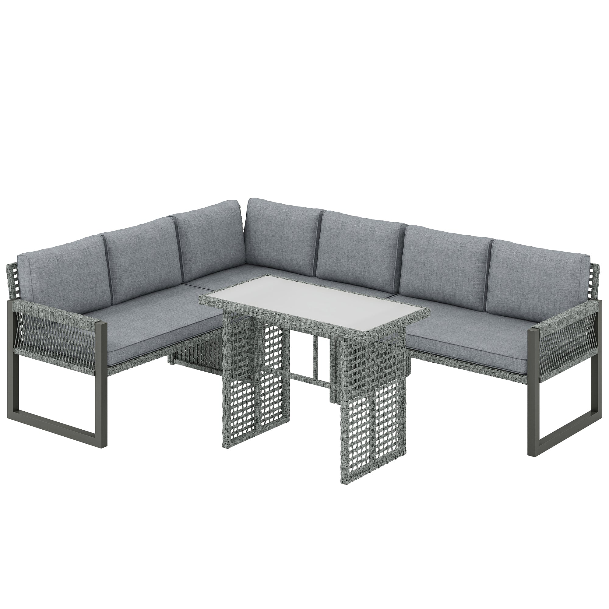 6 Seater Rattan Garden Furniture Set with 3 Loveseats, Table, Patio Rattan Corner Sofa Set, Grey