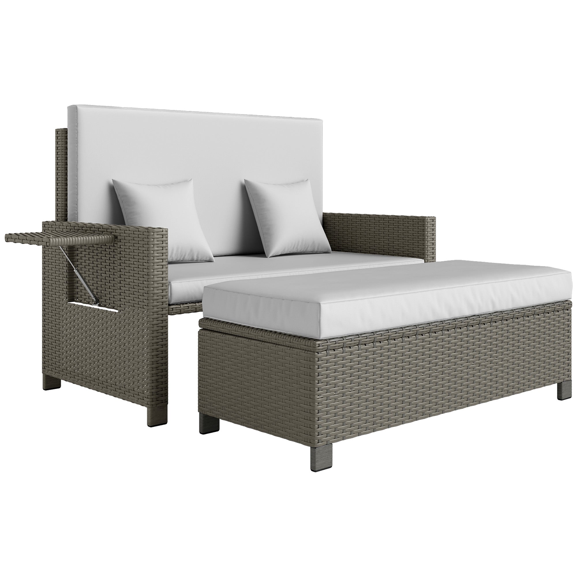 2 Piece Rattan Day Bed Set with Storage Footstool - Light Grey