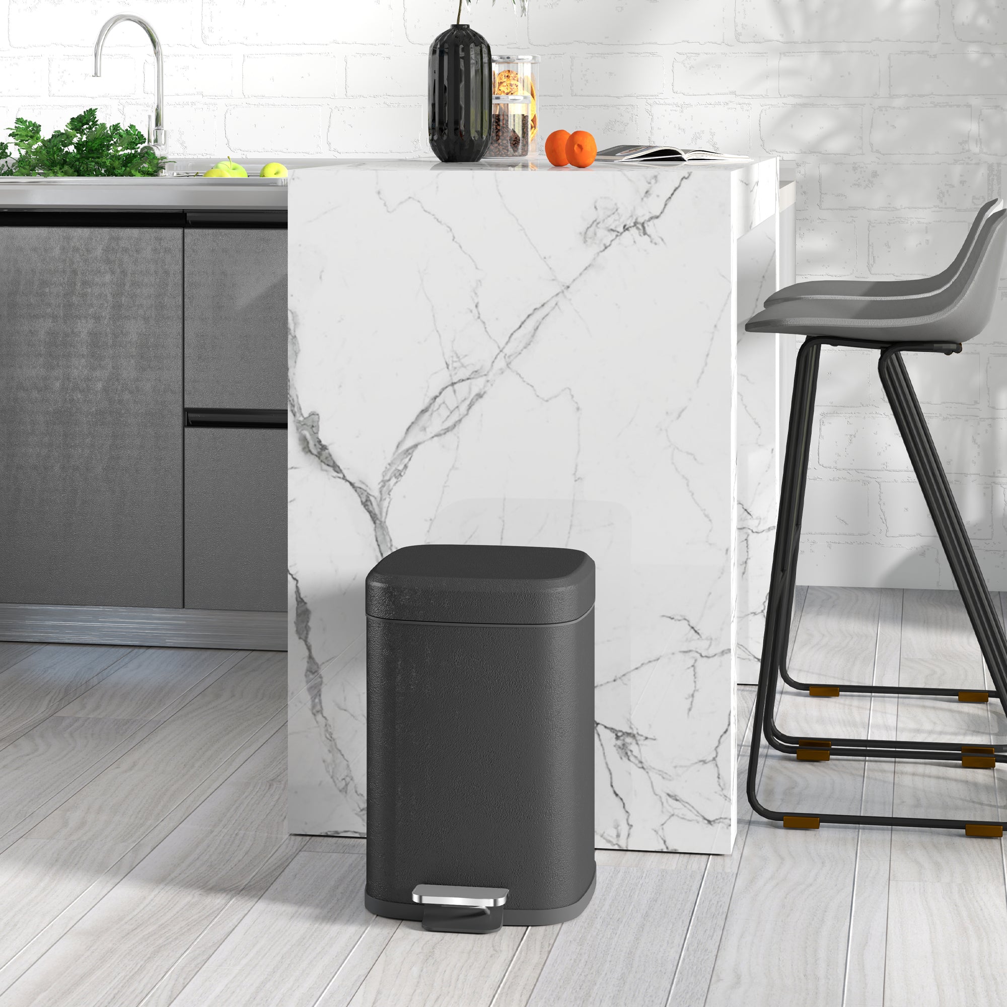 12L Modern Boxy Metal Kitchen Bin with Soft-Close Lid - Black