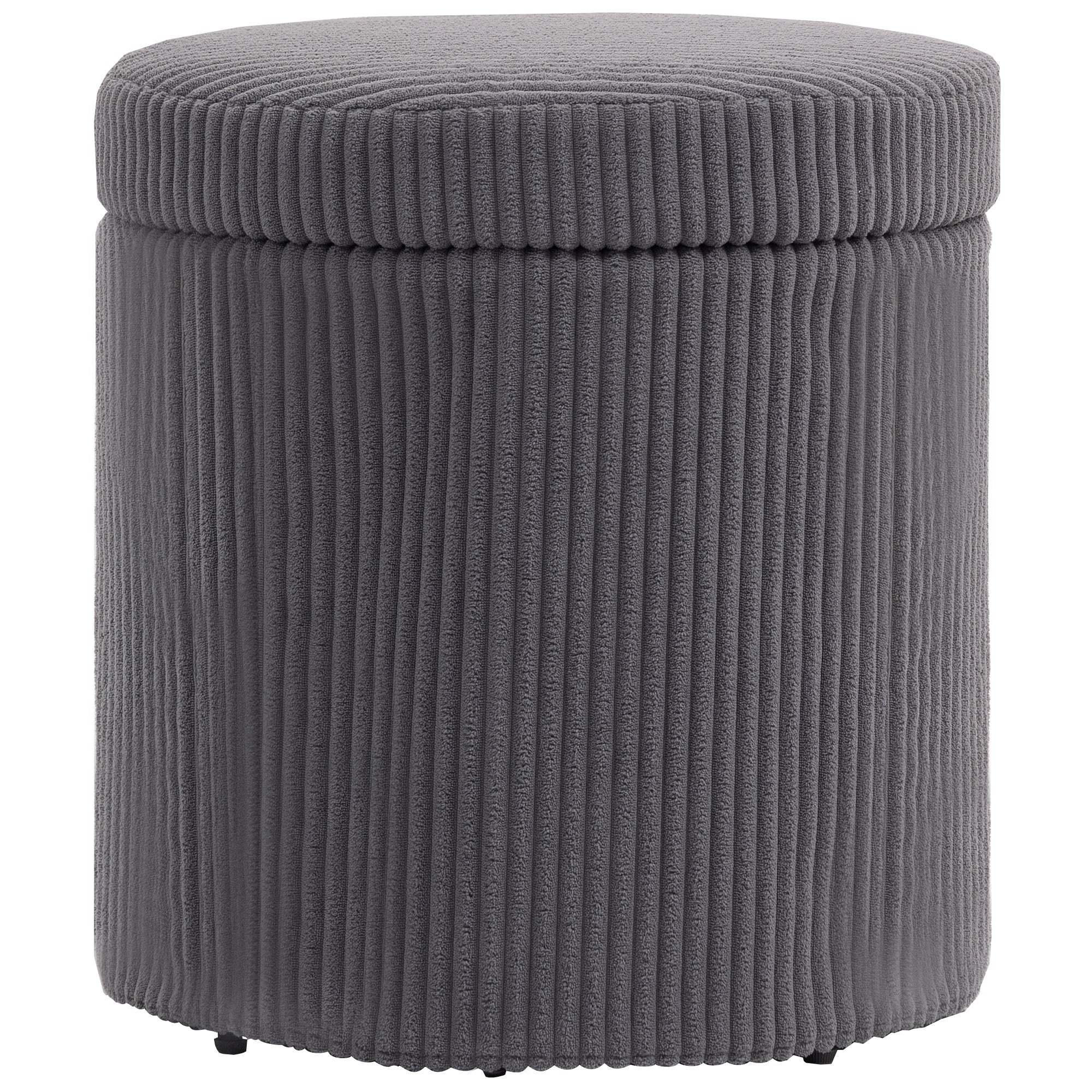 40cm Round Storage Ottoman, Corduroy Footstool with Removable Lid and Legs, Vanity Stool for Living Room, Bedroom, Grey