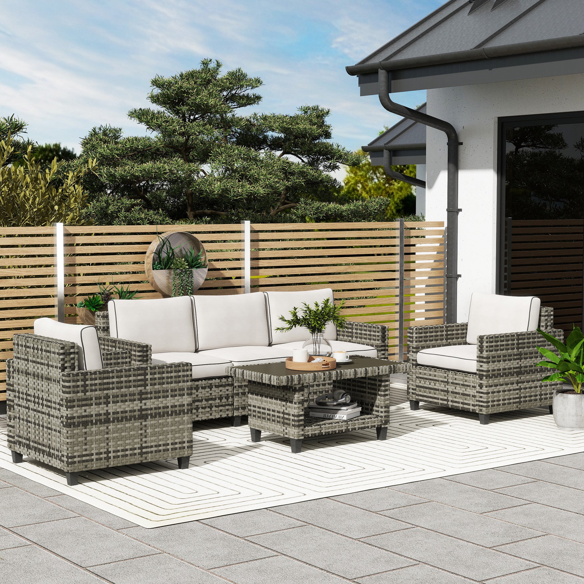 6 Piece Rattan Garden Furniture Set with Cushions - Light Grey