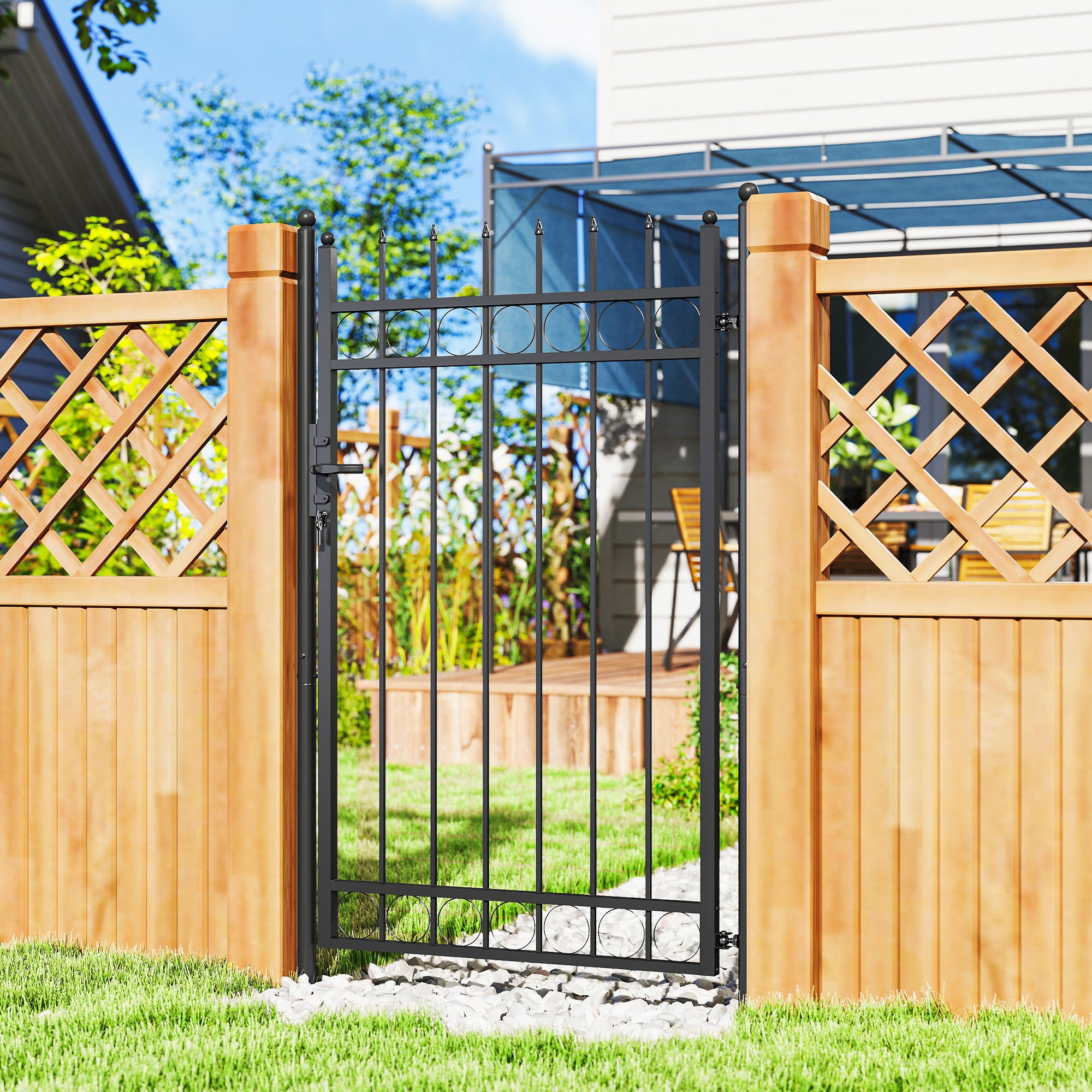 Galvanised Steel Garden Gate, Outdoor Fence Gate Security Barrier with Lock, Keys and Handle, Outdoor Entrance Way Door with Classic Finials, 105 x 204 cm, Black