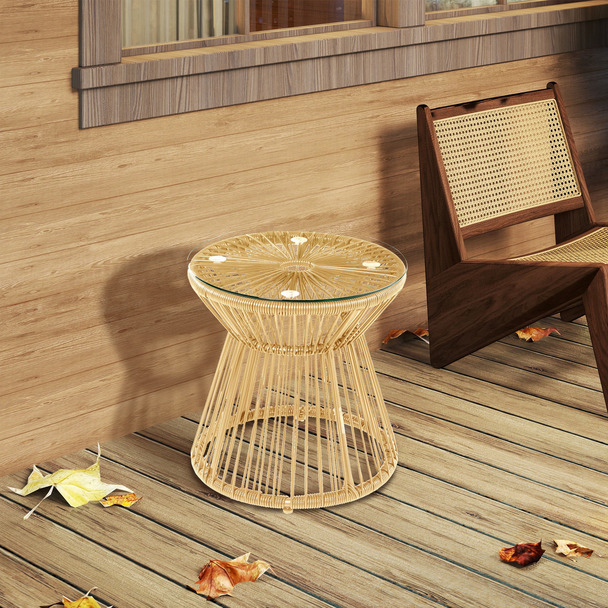 Round Rattan Side Table with Glass Top Hollow Drum Design - Natural