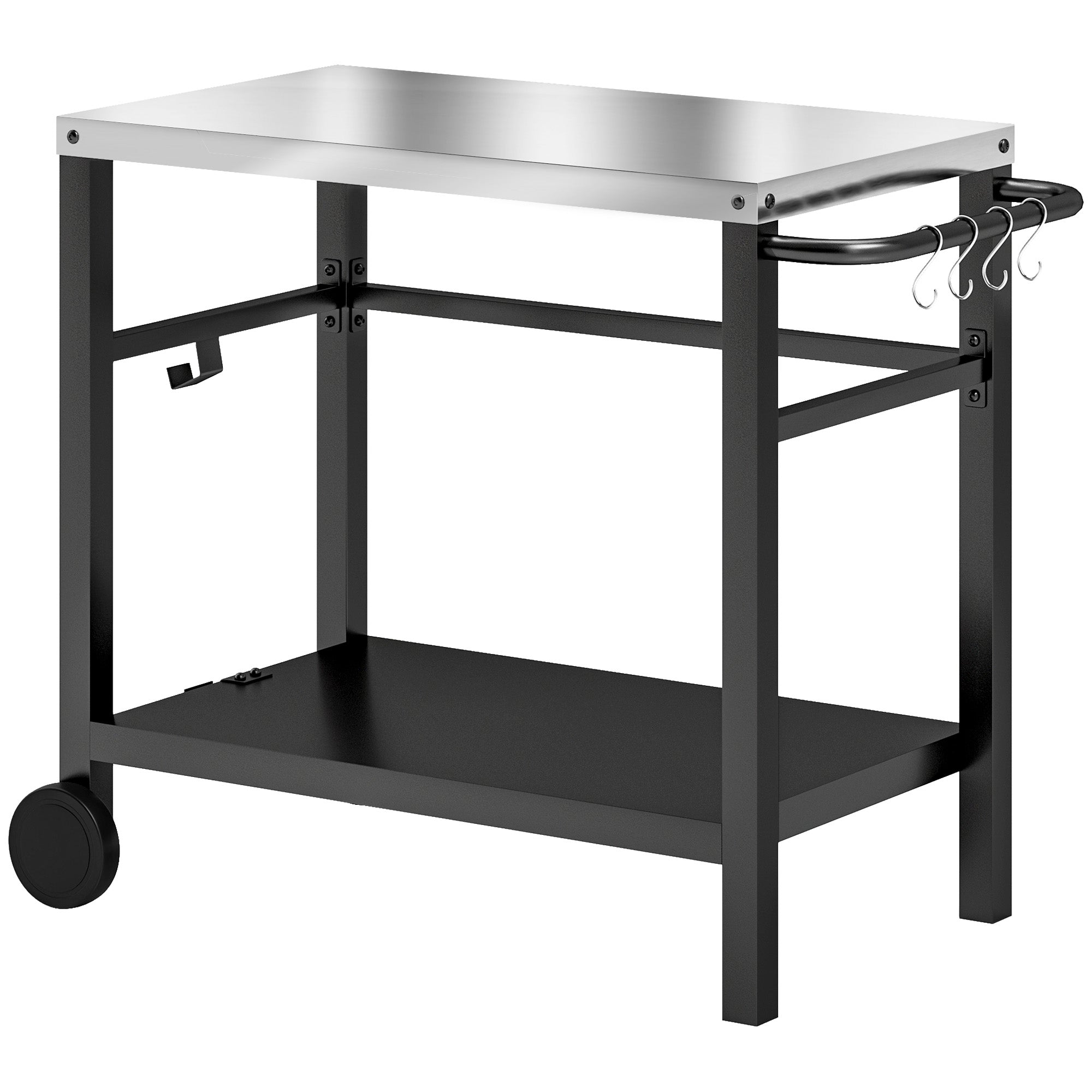 Outdoor Grill Dining Cart with 2 Shelves, Stainless Steel Top, Wheels & Hooks - Charcoal Grey