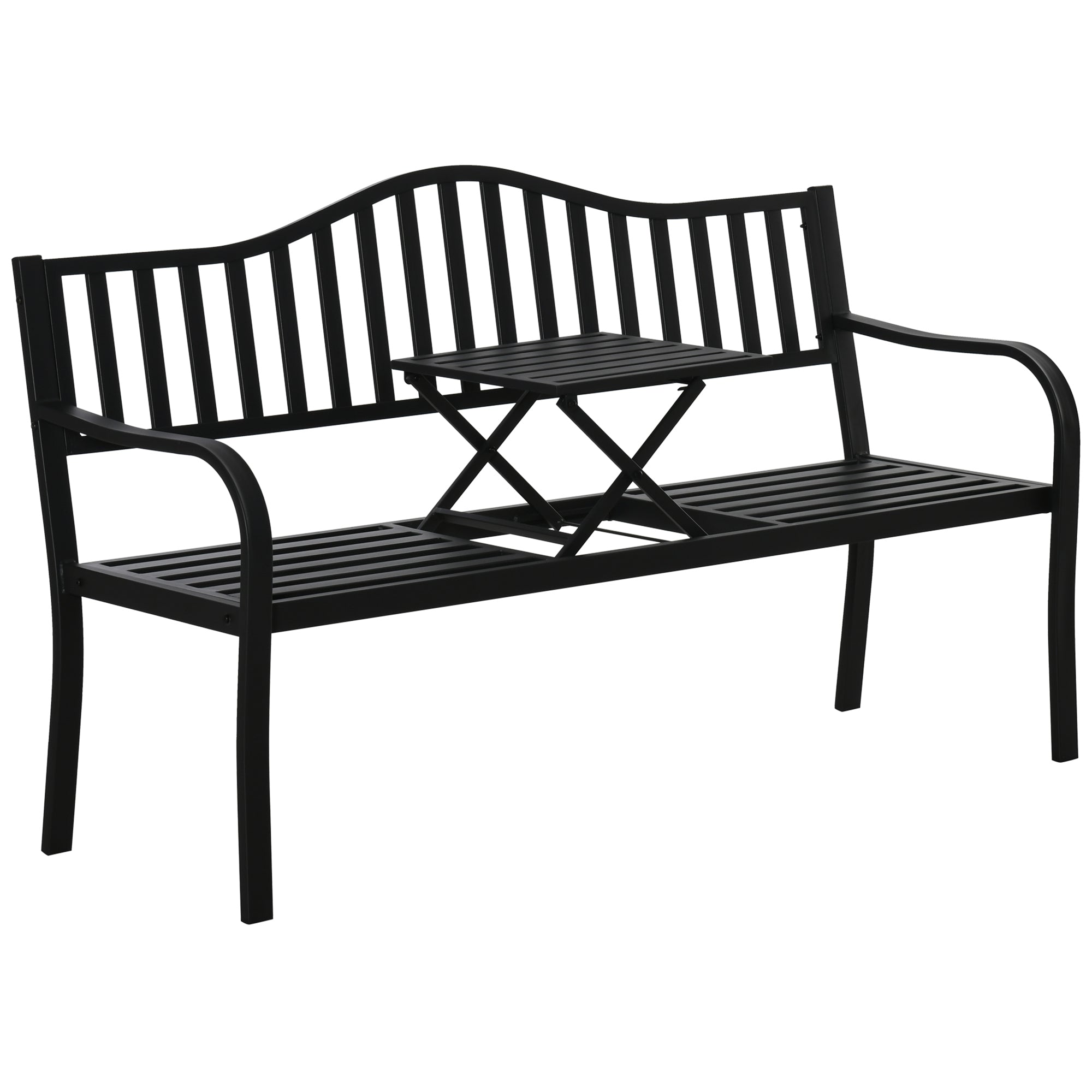 Metal Outdoor Bench with Liftable Middle Table, Patio Loveseat, Garden Bench for Garden, Porch, Seats 2–3 People, Black